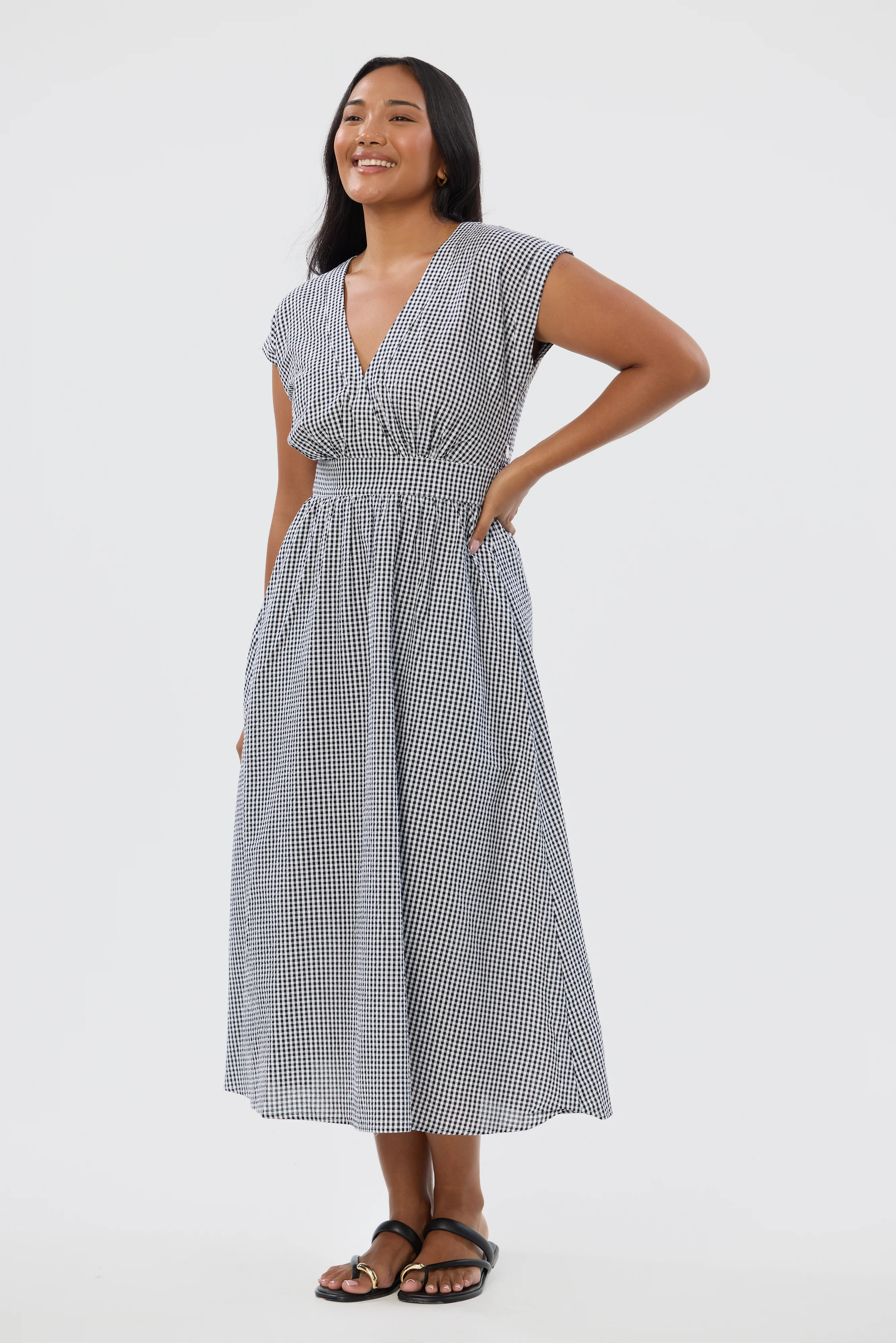 Gathered V Neck Midi Dress - Black/White Gingham - Image 5