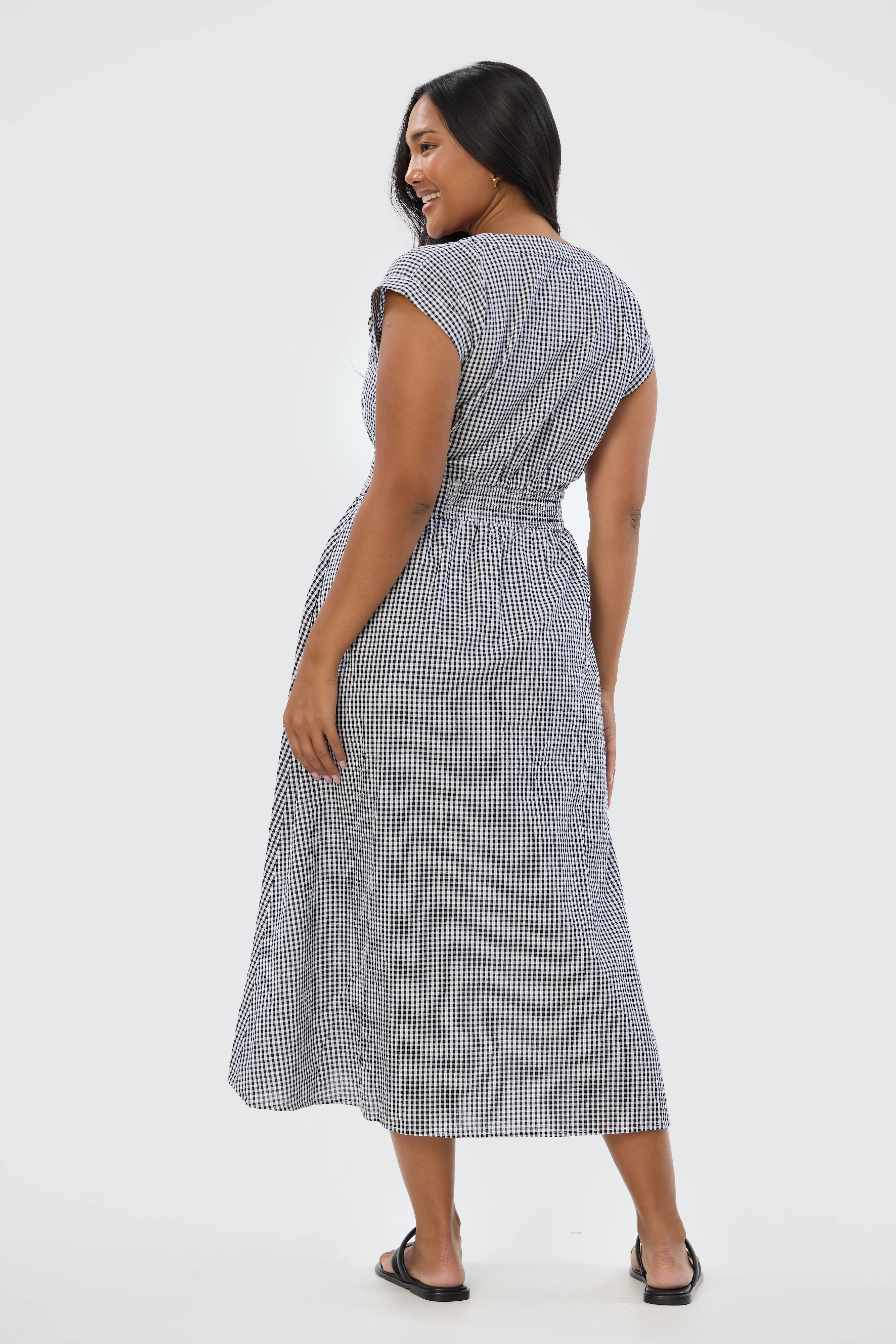 Gathered V Neck Midi Dress - Black/White Gingham - Image 6