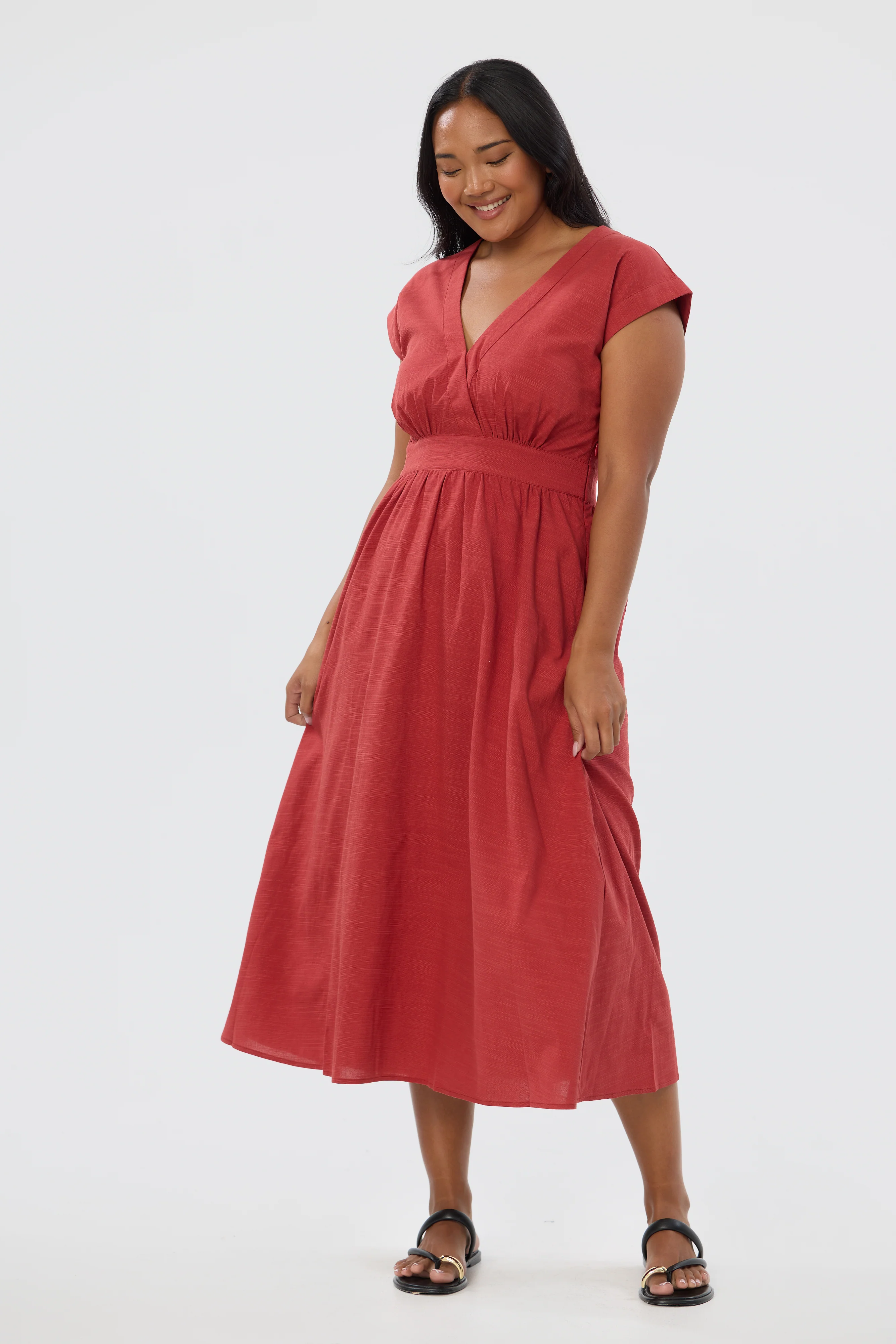 Gathered V Neck Midi Dress - Rust Red