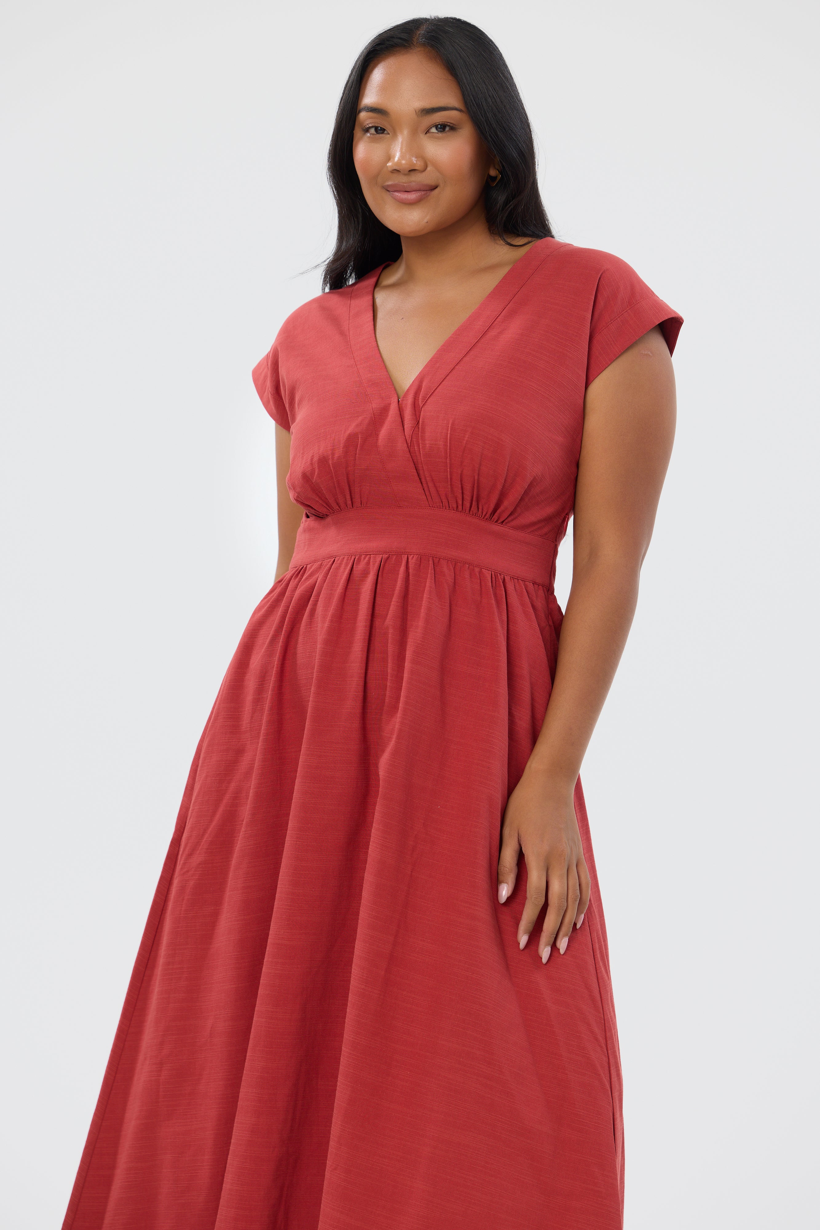 Gathered V Neck Midi Dress - Rust Red - Image 3