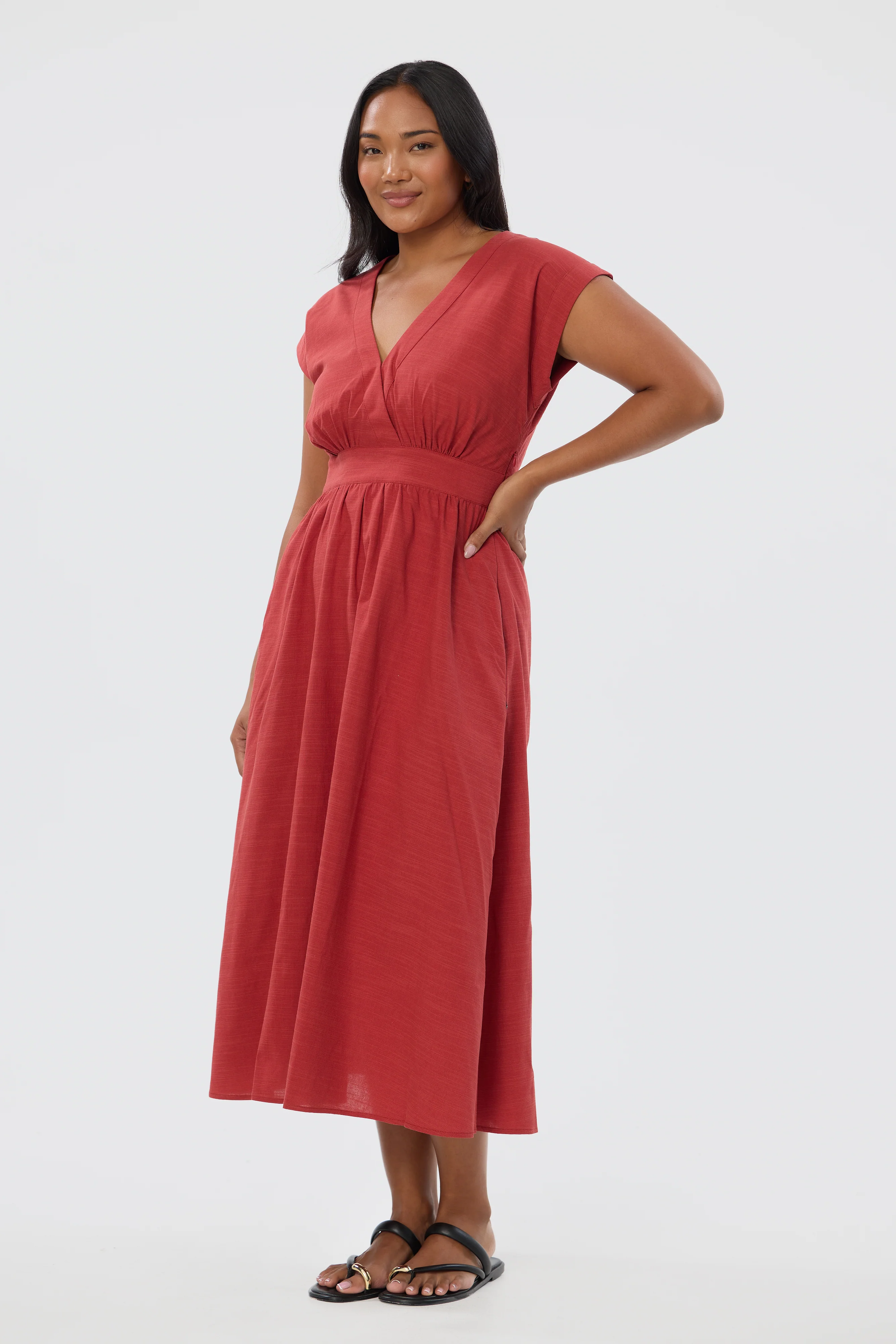 Gathered V Neck Midi Dress - Rust Red - Image 4