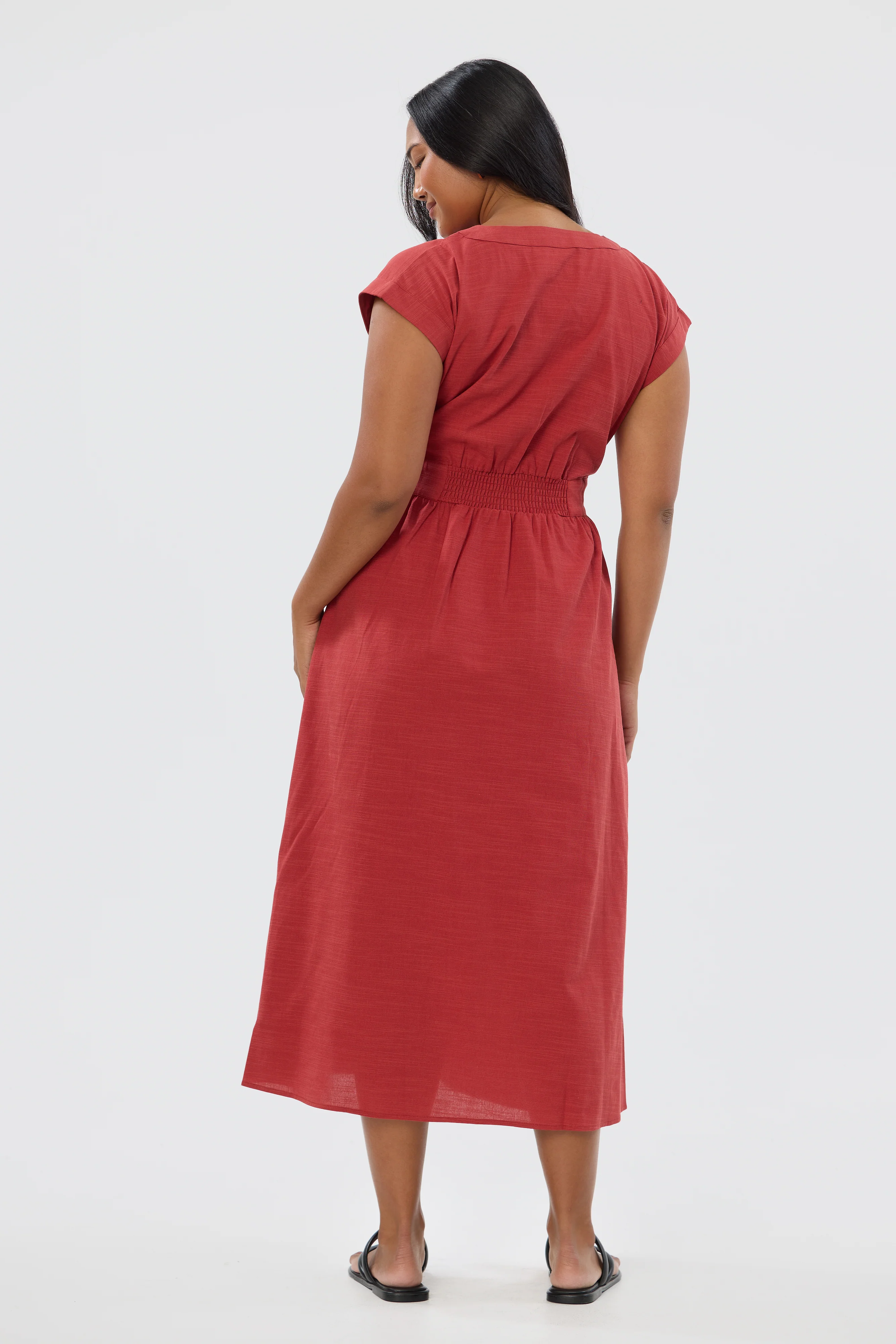 Gathered V Neck Midi Dress - Rust Red - Image 5