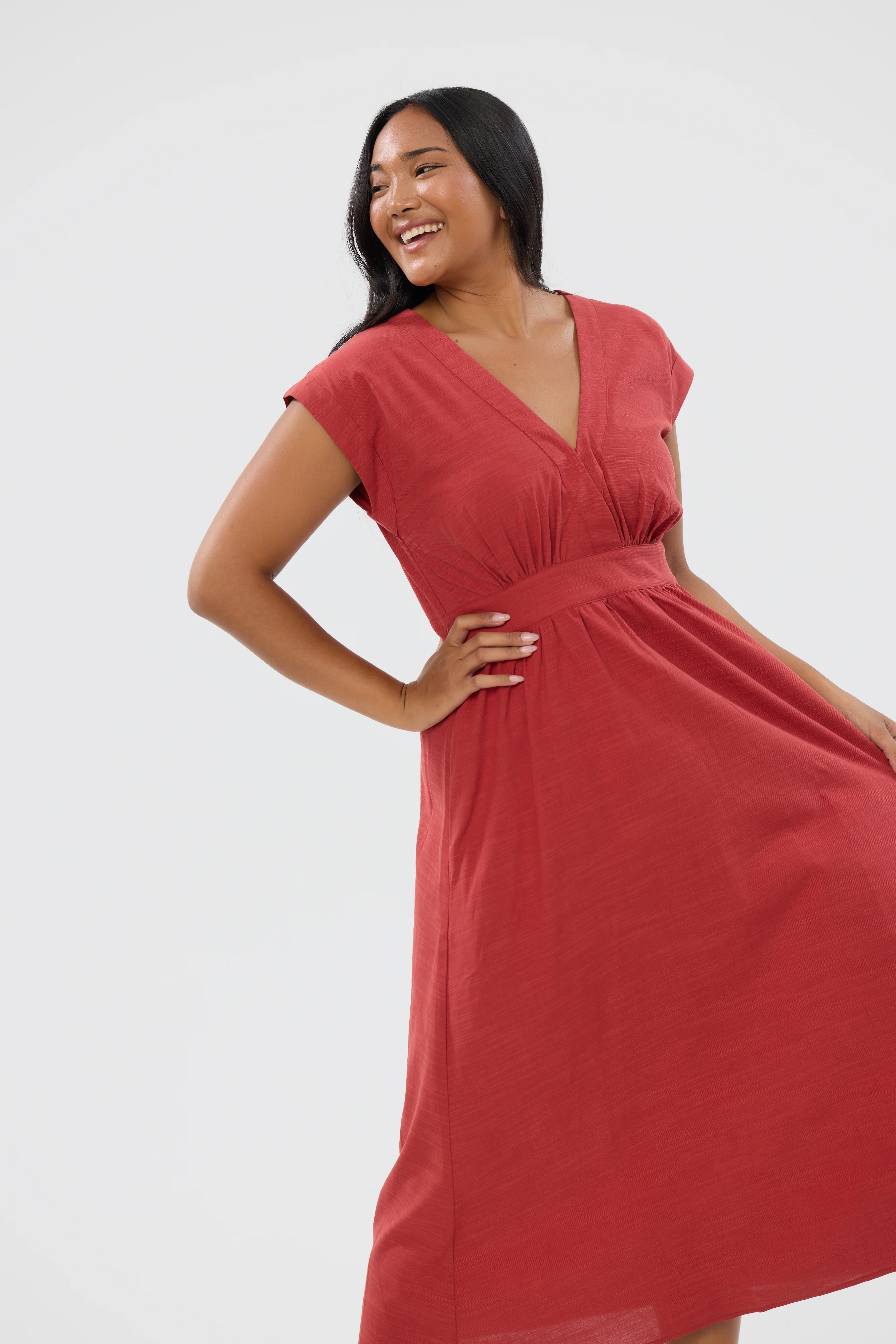 Gathered V Neck Midi Dress - Rust Red - Image 7