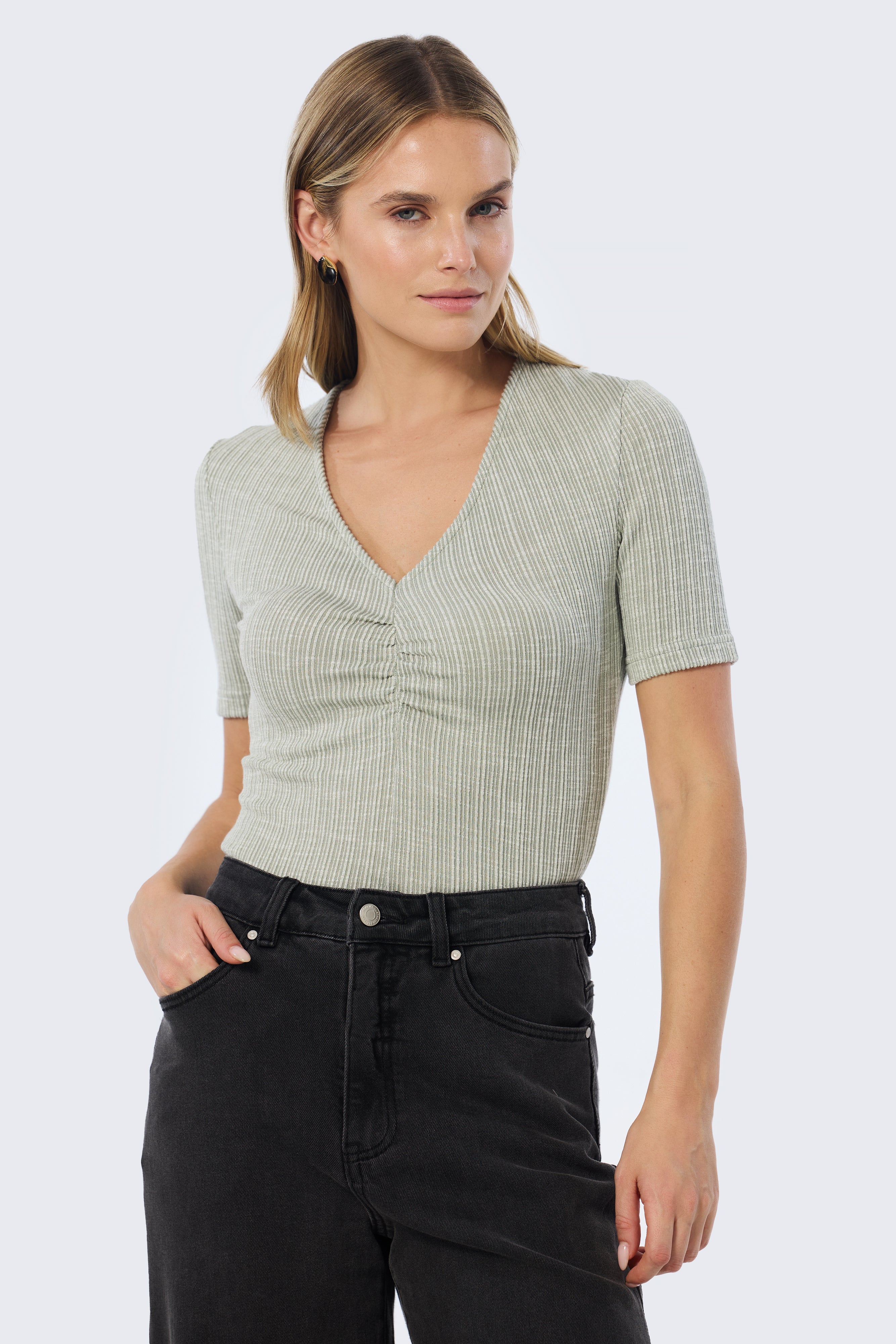 Gathered V Neck Top - Sage Marl - Image 3