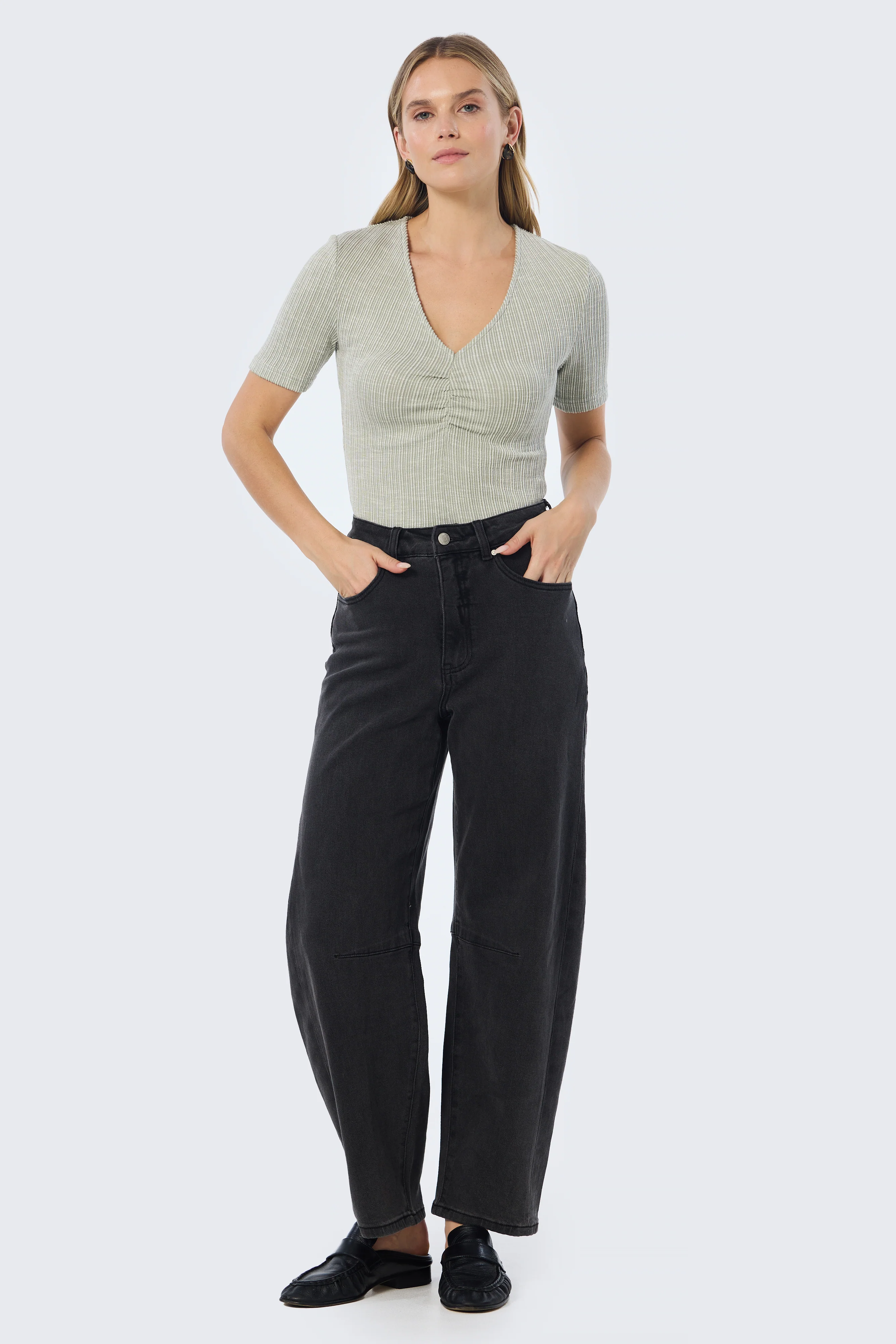 Gathered V Neck Top - Sage Marl - Image 4