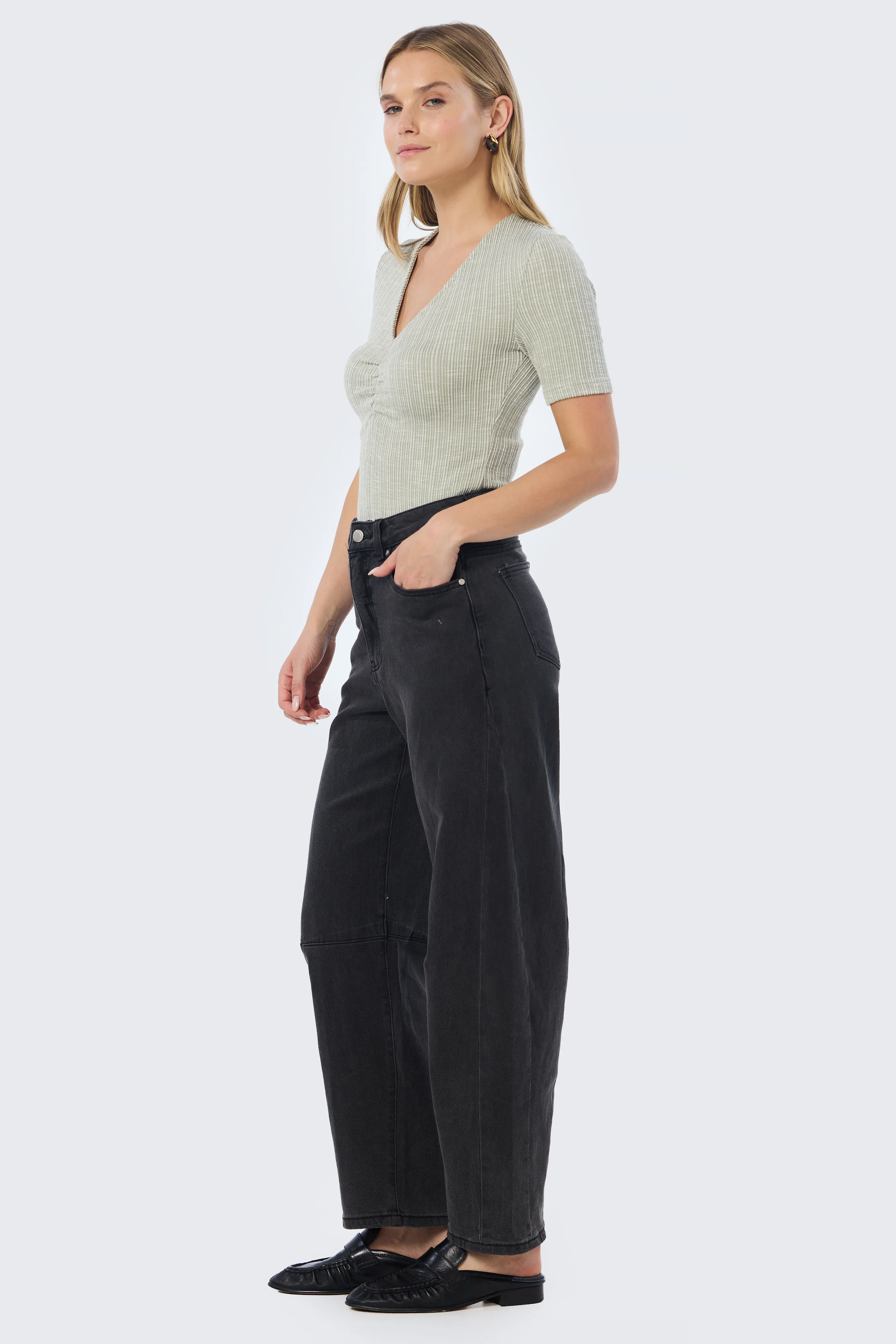 Gathered V Neck Top - Sage Marl - Image 5