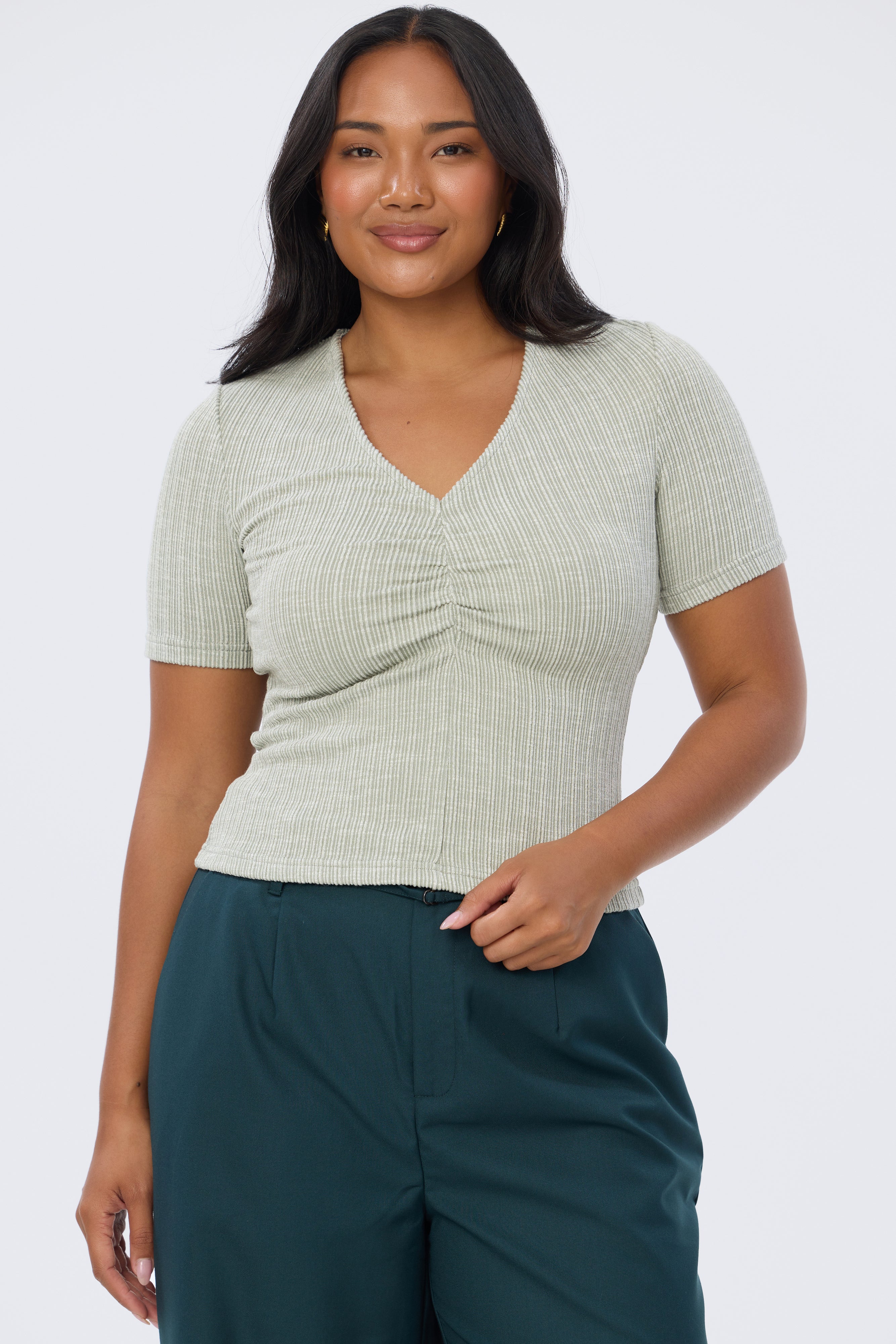 Gathered V Neck Top - Sage Marl - Image 7