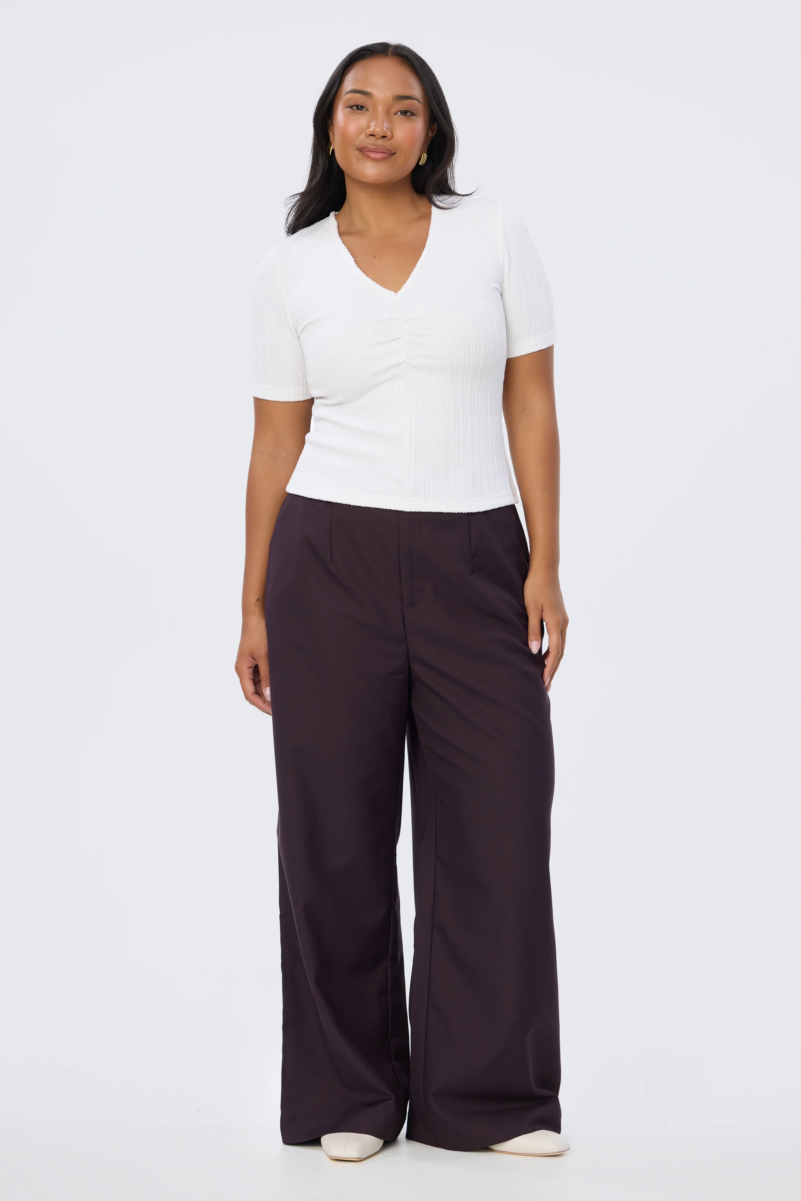 Gathered V Neck Top - White - Image 4