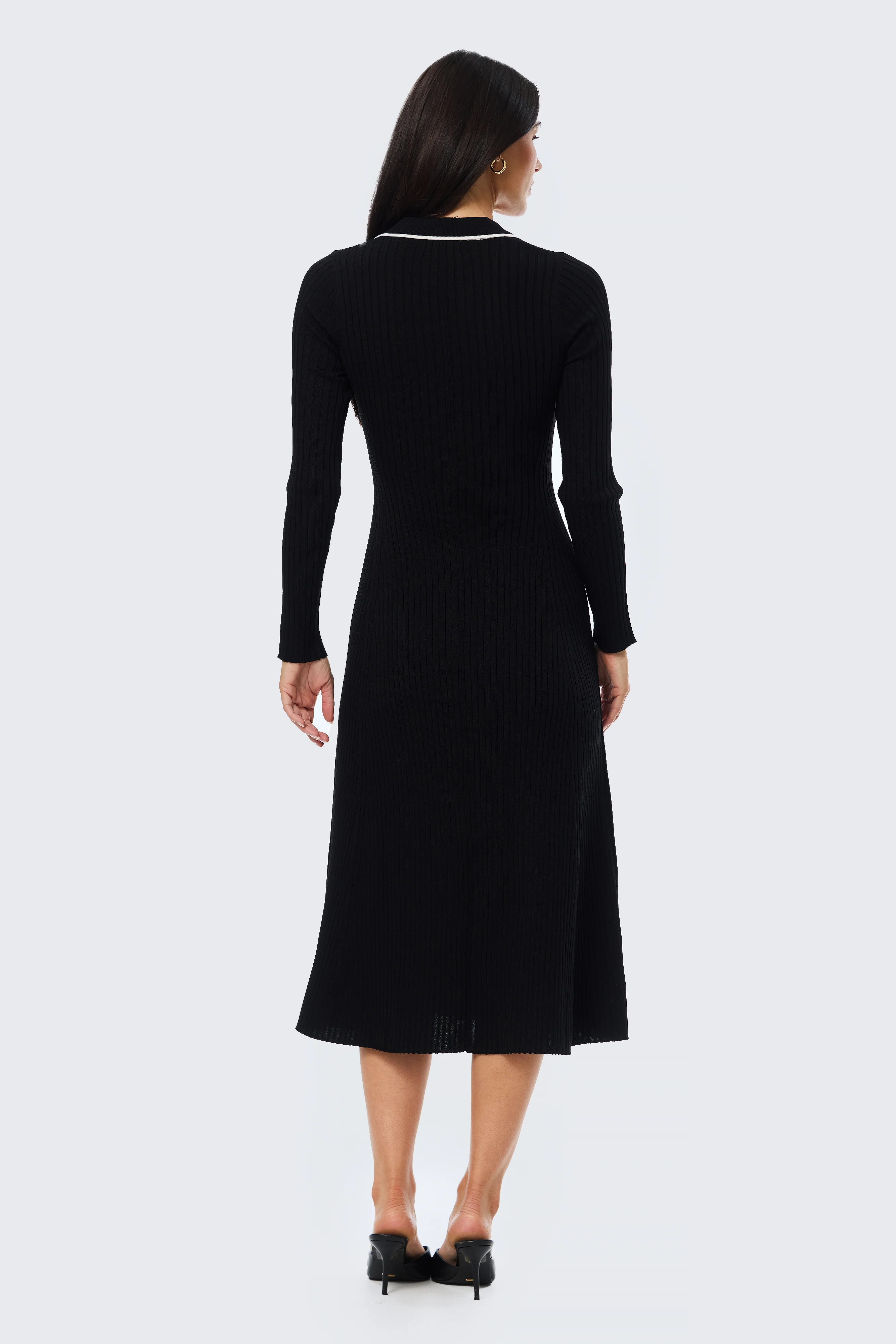 Half Placket Long Sleeve Knit Dress - Black - Image 3