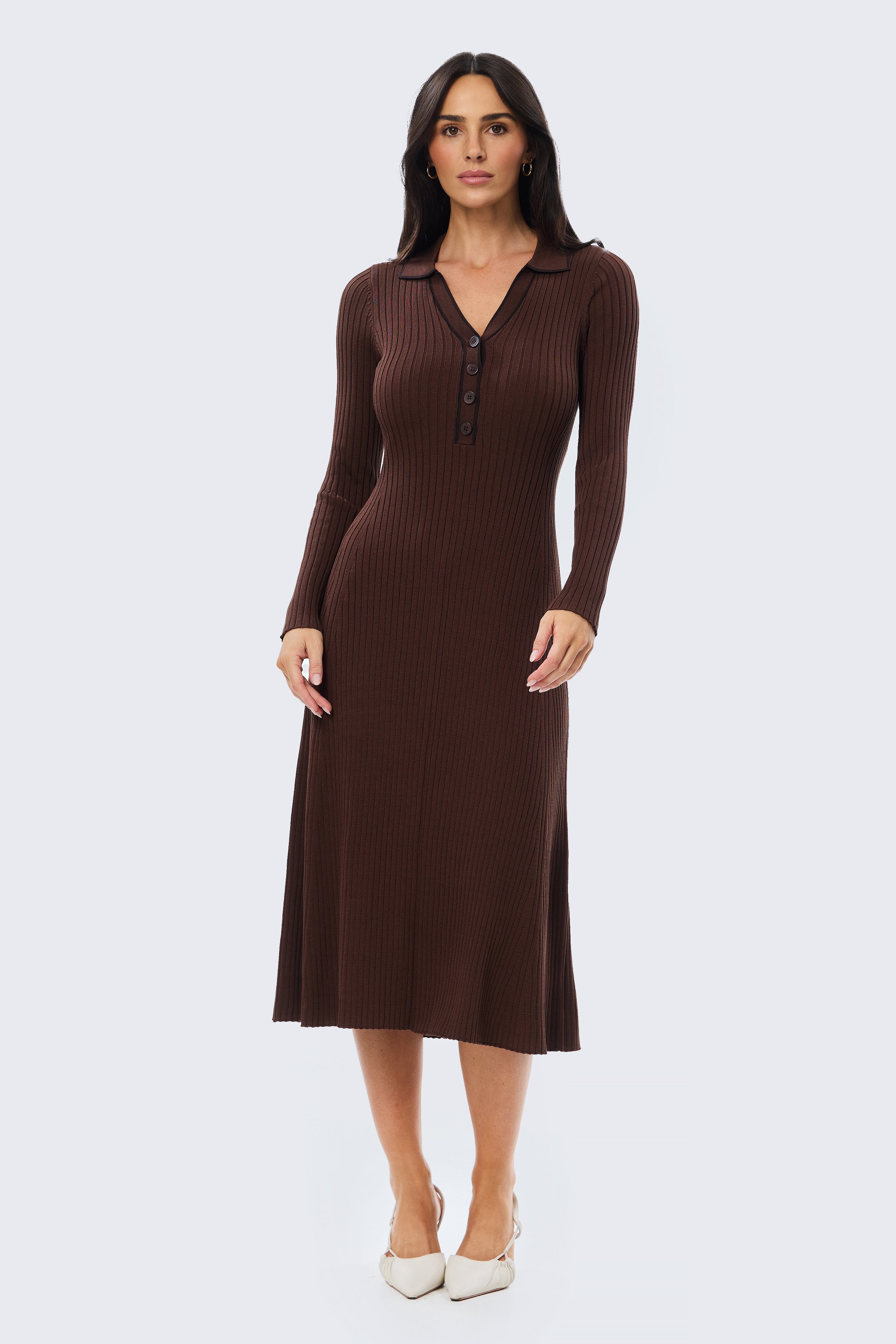 Half Placket Long Sleeve Knit Dress - Cappuccino