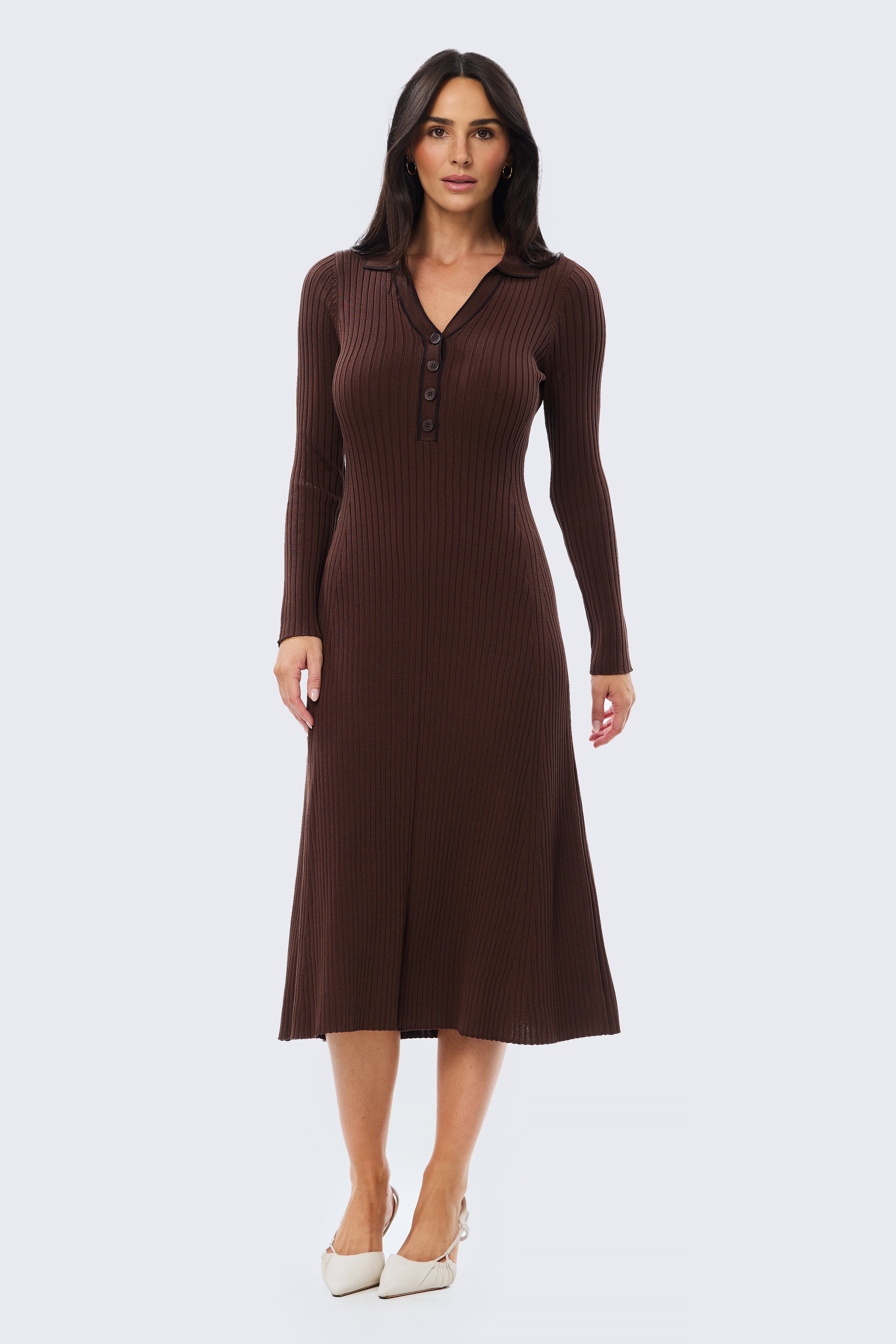 Half Placket Long Sleeve Knit Dress - Cappuccino - Image 3