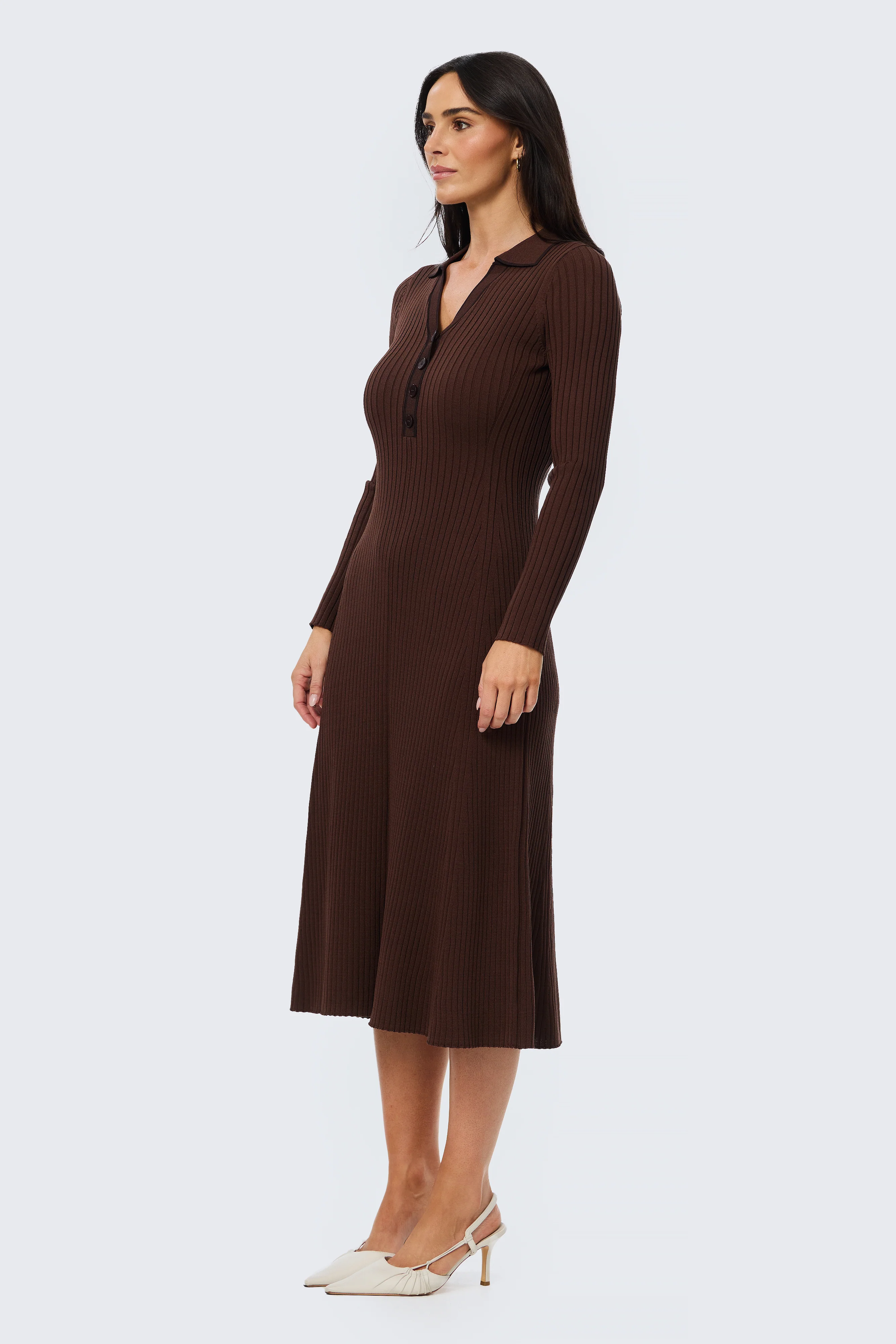 Half Placket Long Sleeve Knit Dress - Cappuccino - Image 6