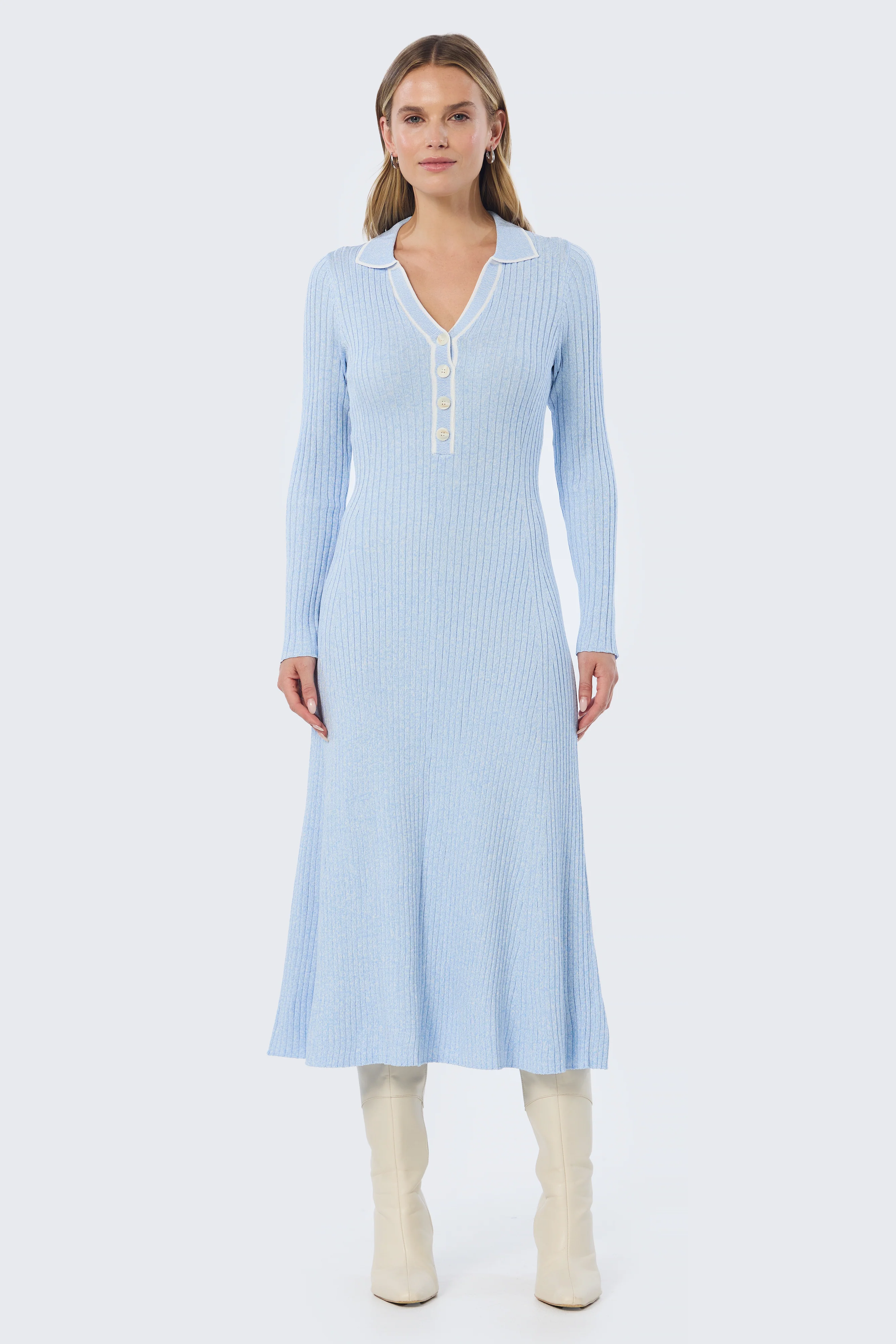 Half Placket Long Sleeve Knit Dress - Sky Blue - Image 5