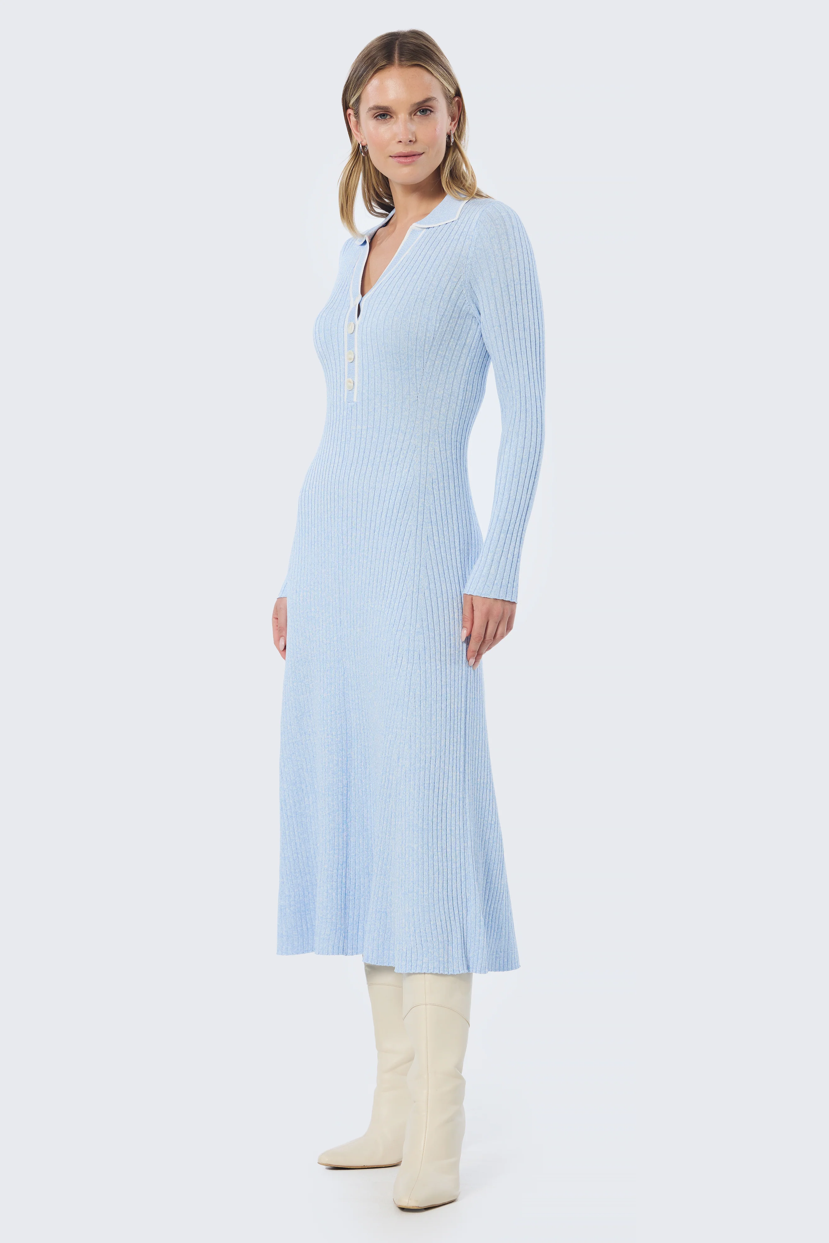 Half Placket Long Sleeve Knit Dress - Sky Blue - Image 6