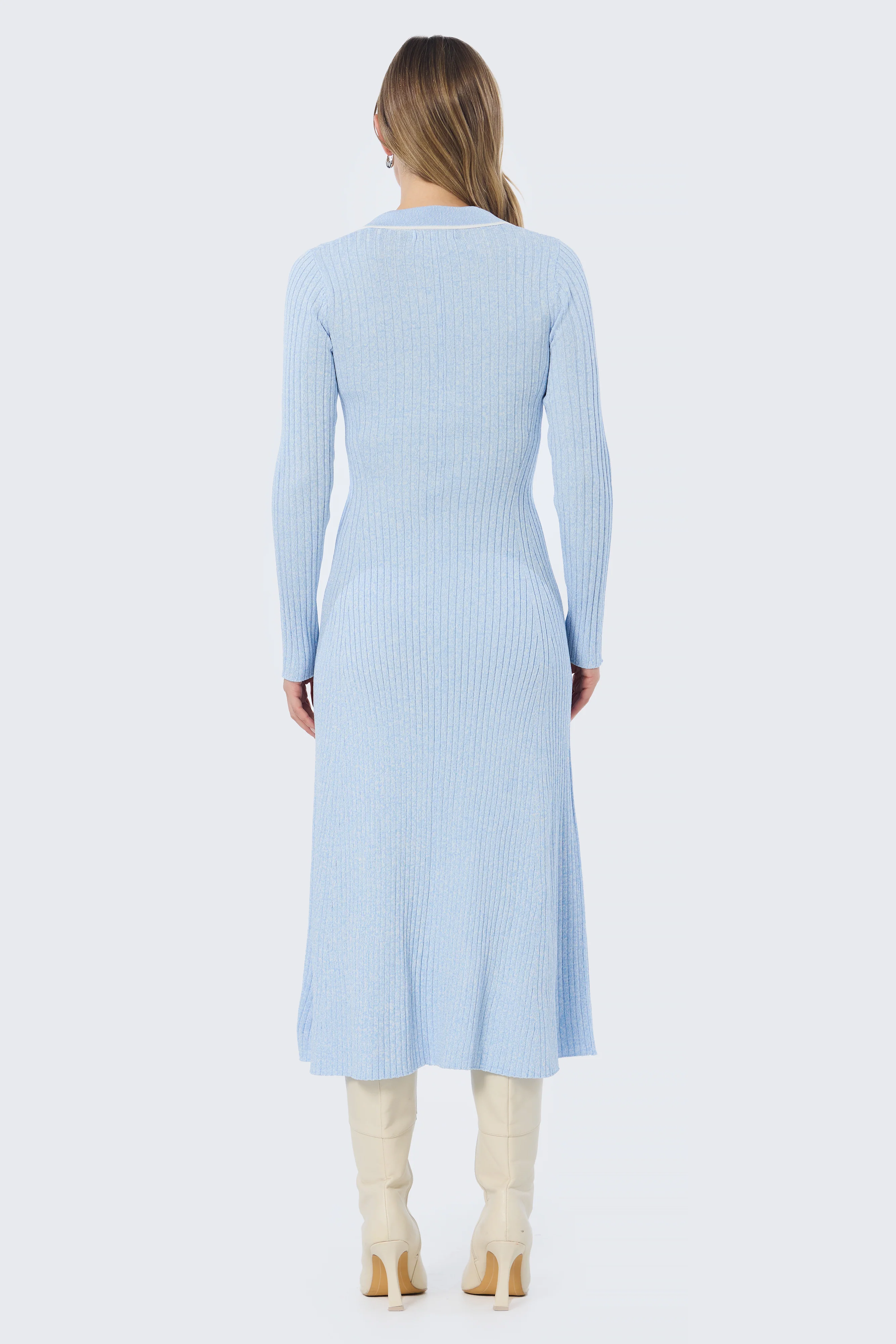 Half Placket Long Sleeve Knit Dress - Sky Blue - Image 7