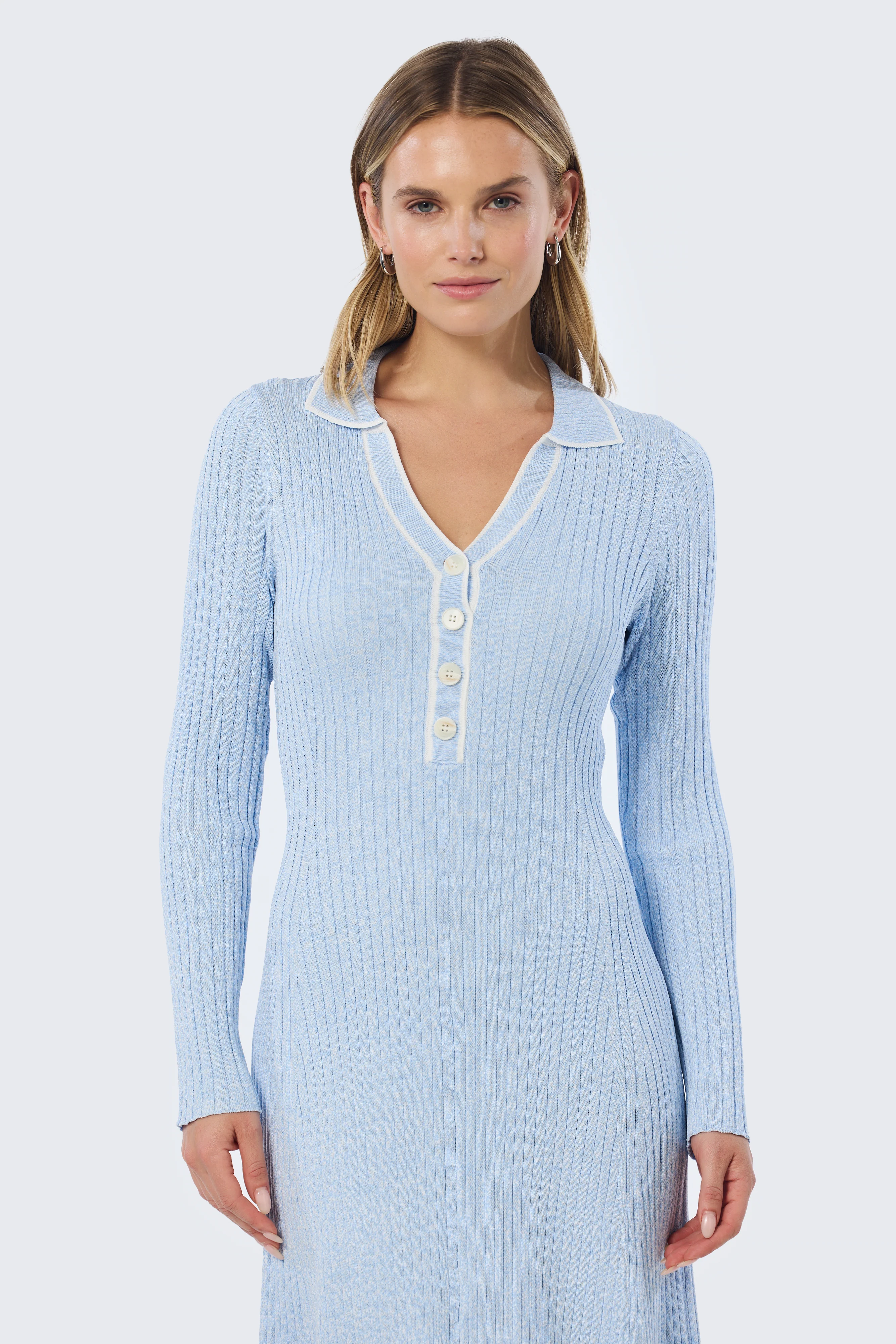 Half Placket Long Sleeve Knit Dress - Sky Blue - Image 8