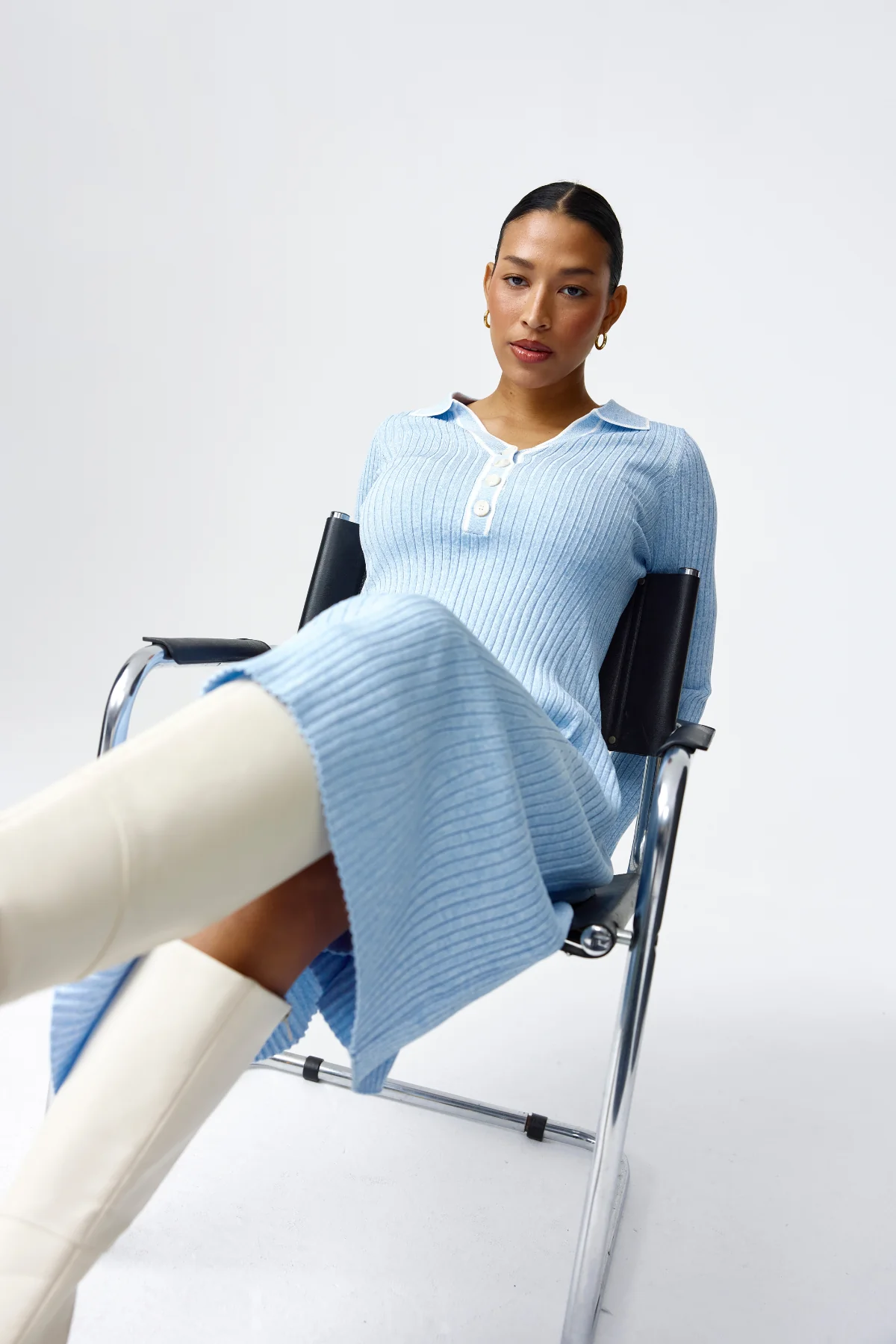 Half Placket Long Sleeve Knit Dress - Sky Blue - Image 9
