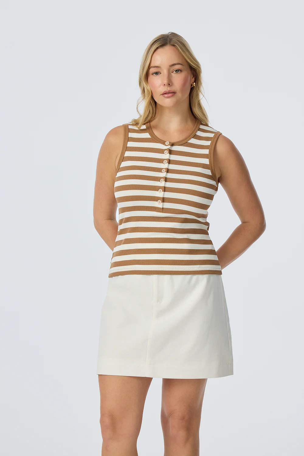 Half Placket Ribbed Tank - Biscotti/White Stripe - Image 3