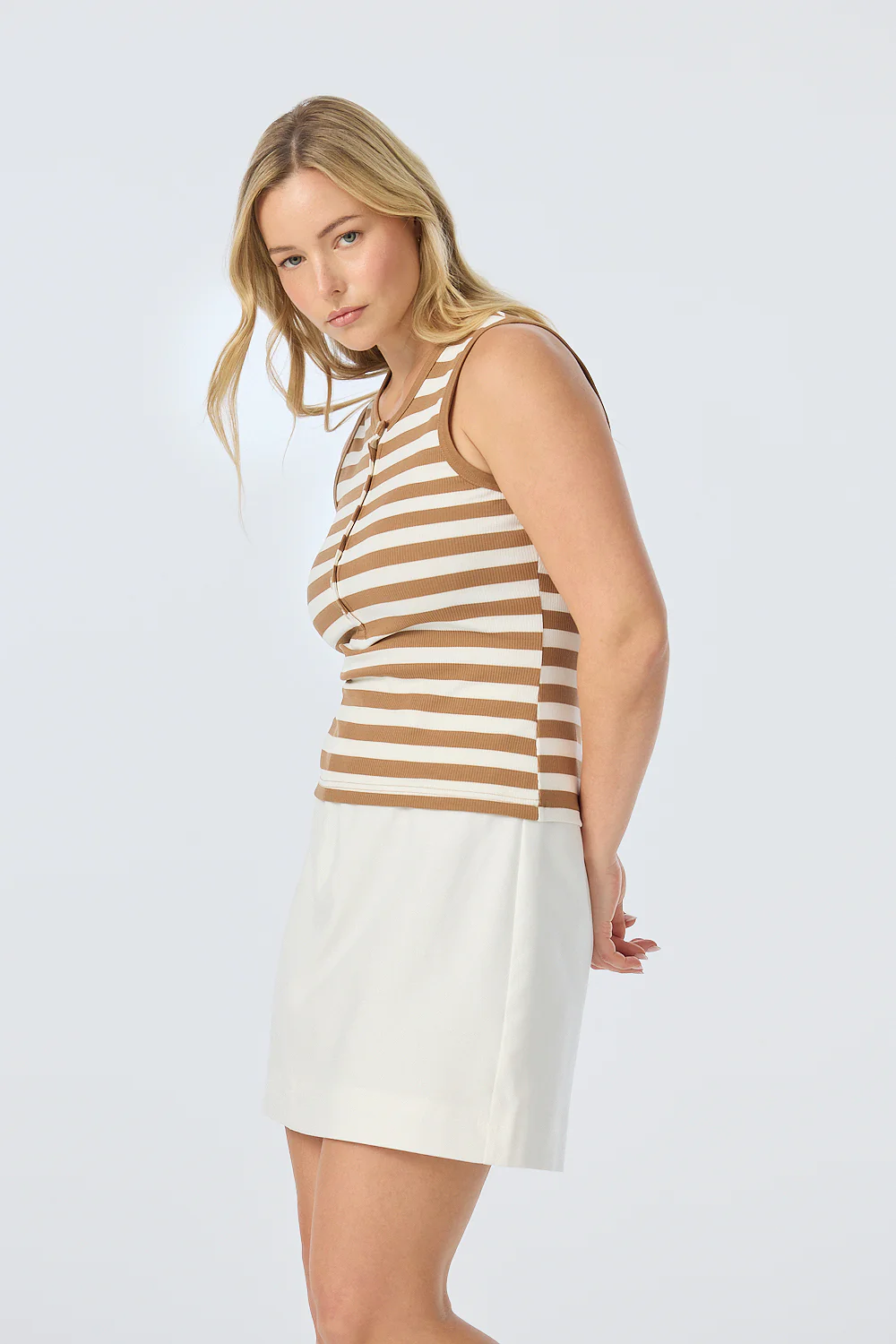 Half Placket Ribbed Tank - Biscotti/White Stripe - Image 6