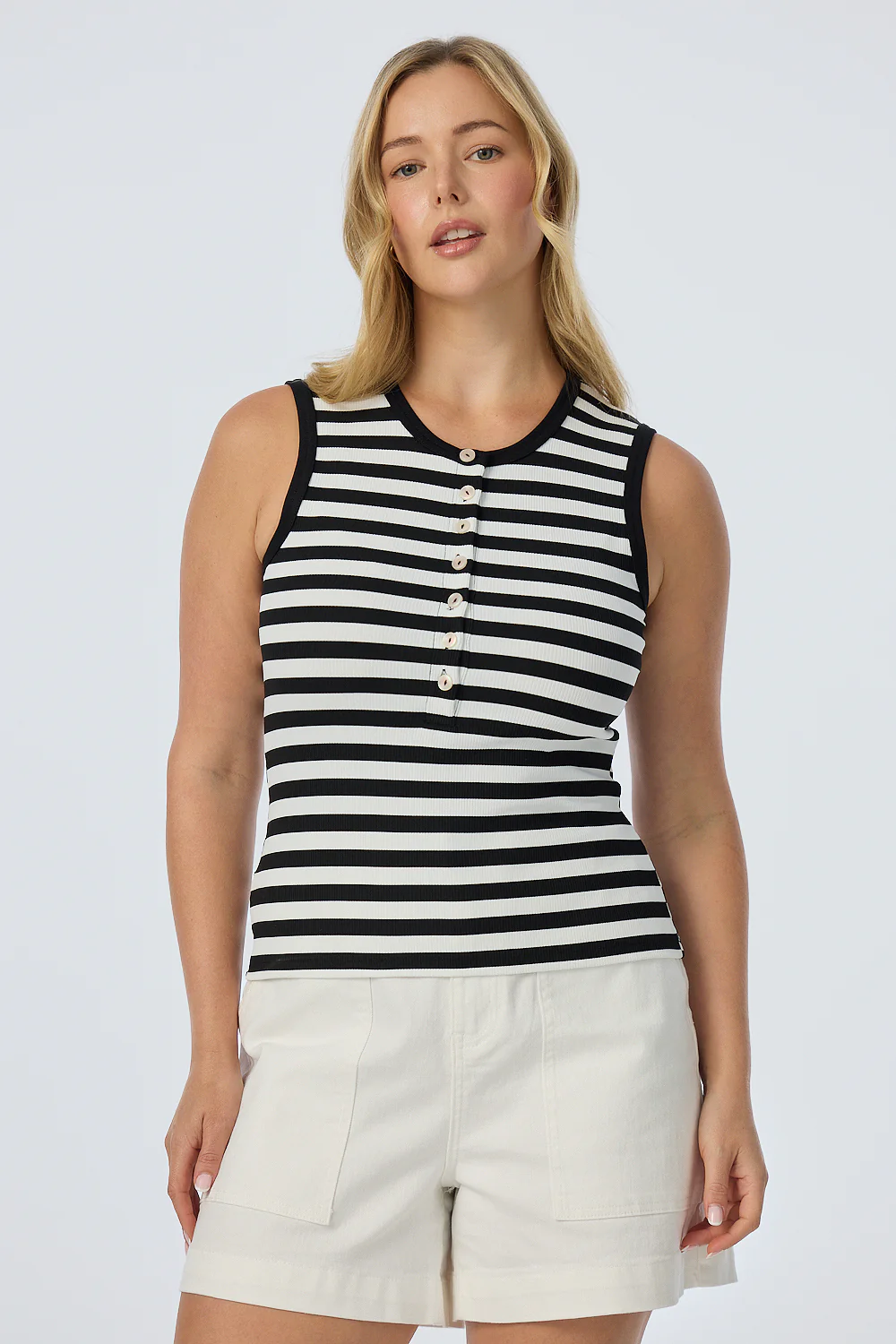 Half Placket Ribbed Tank - Black/White Stripe - Image 4