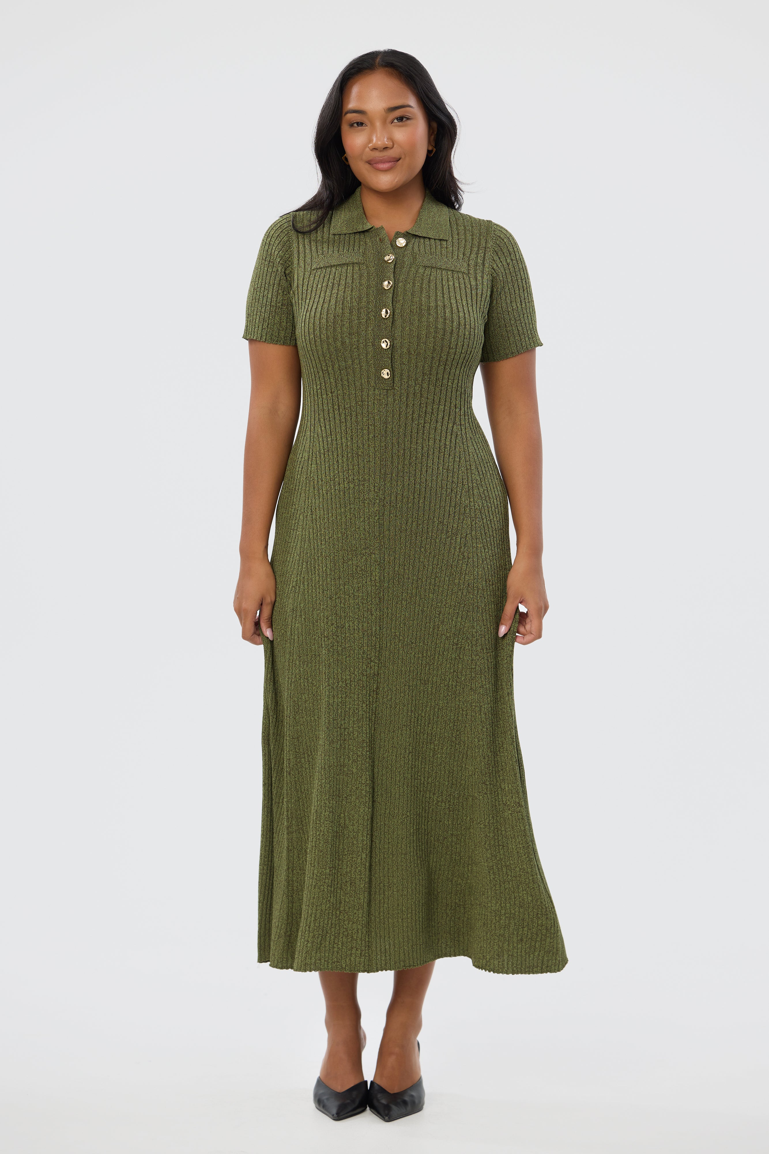 Half Placket Short Sleeve Knit Dress - Khaki Marl