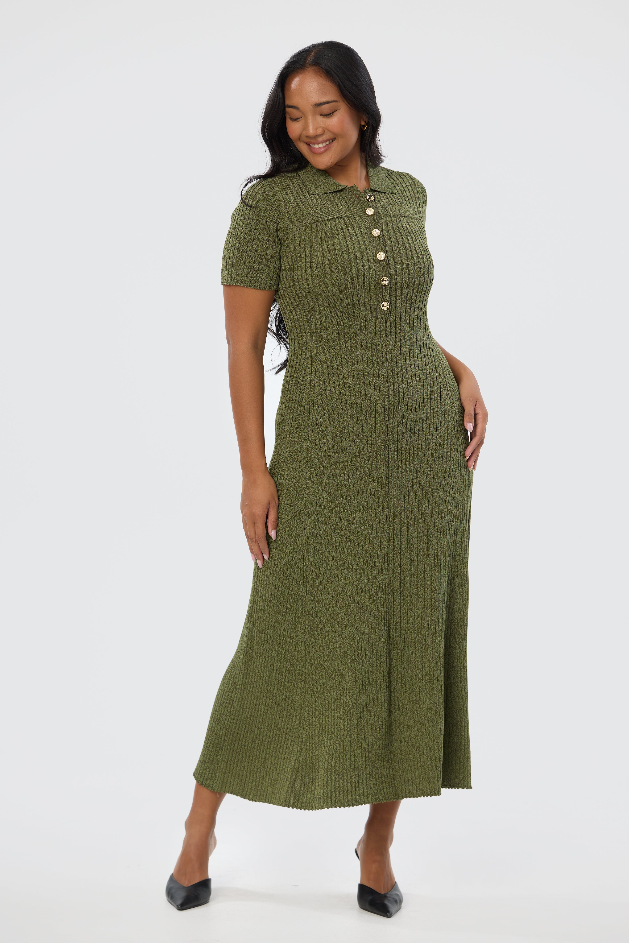 Half Placket Short Sleeve Knit Dress - Khaki Marl - Image 3