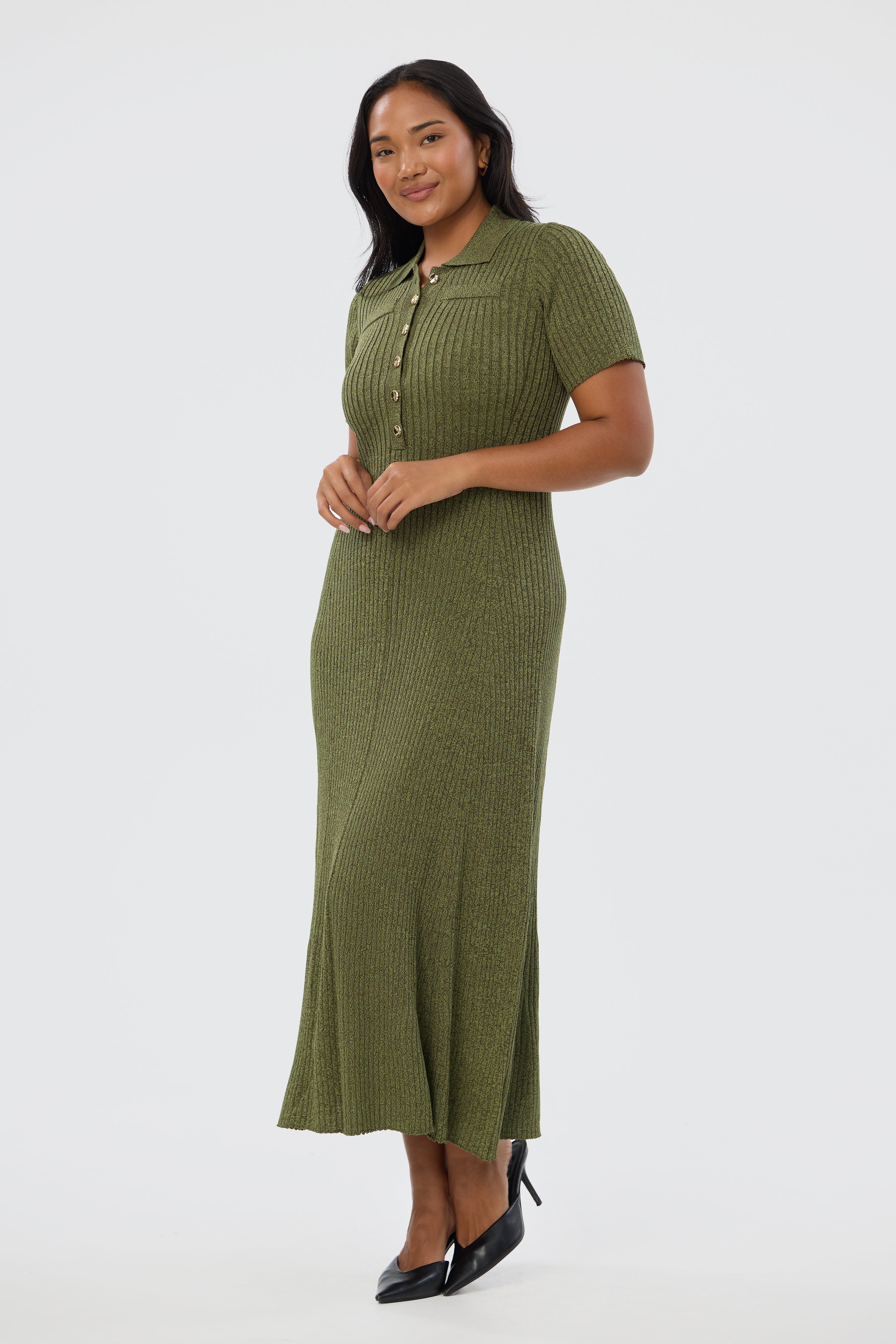 Half Placket Short Sleeve Knit Dress - Khaki Marl - Image 4
