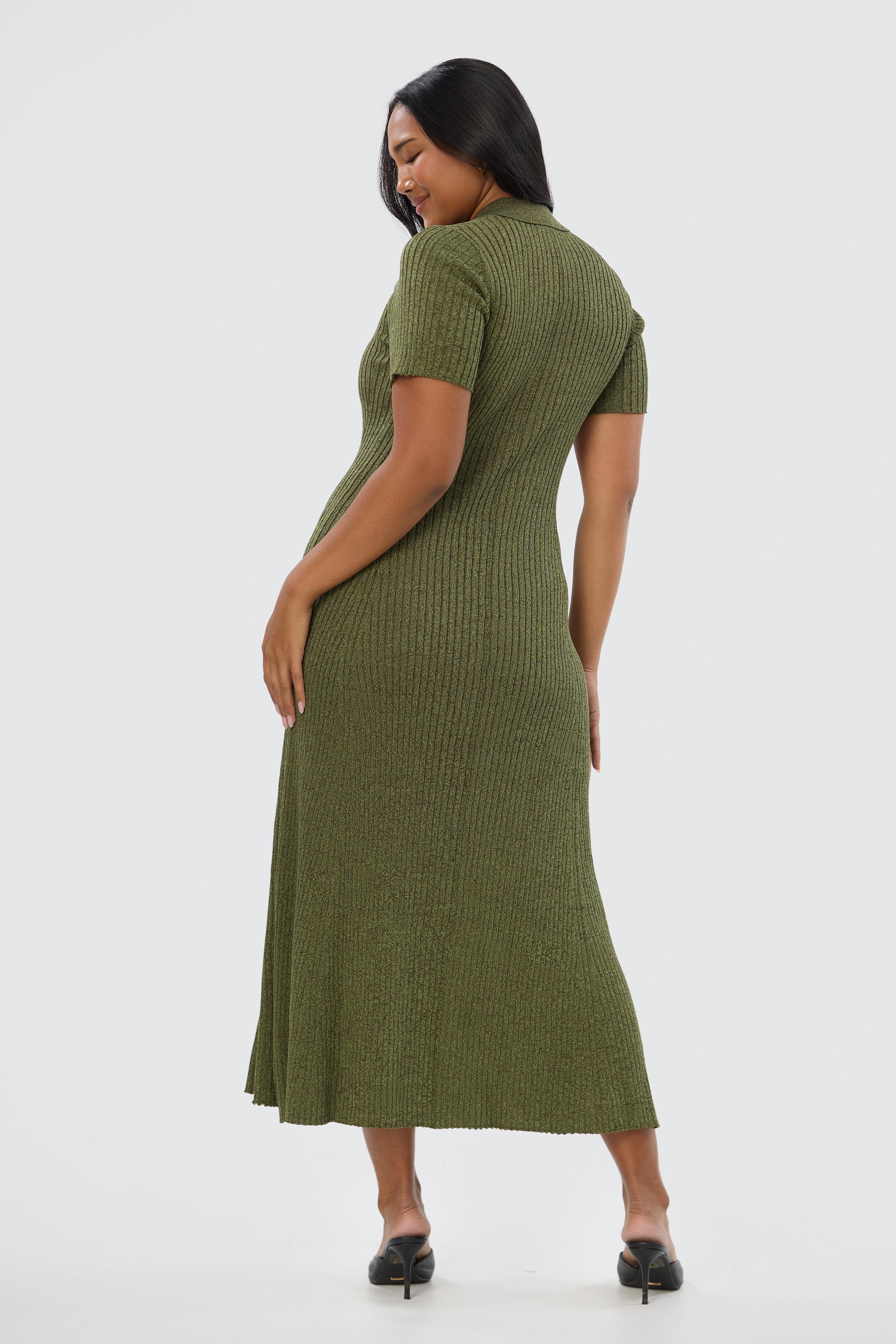 Half Placket Short Sleeve Knit Dress - Khaki Marl - Image 5