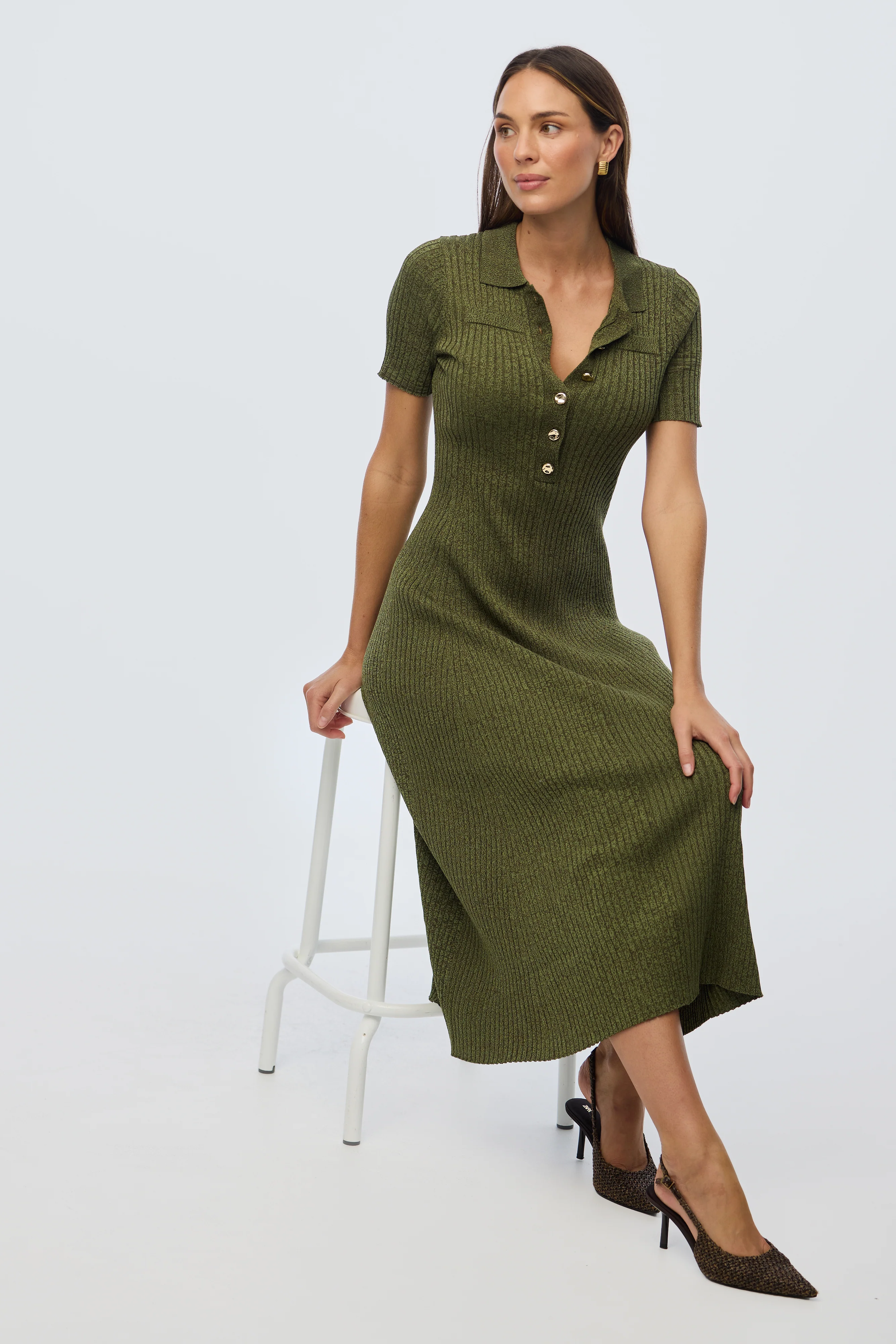 Half Placket Short Sleeve Knit Dress - Khaki Marl - Image 6