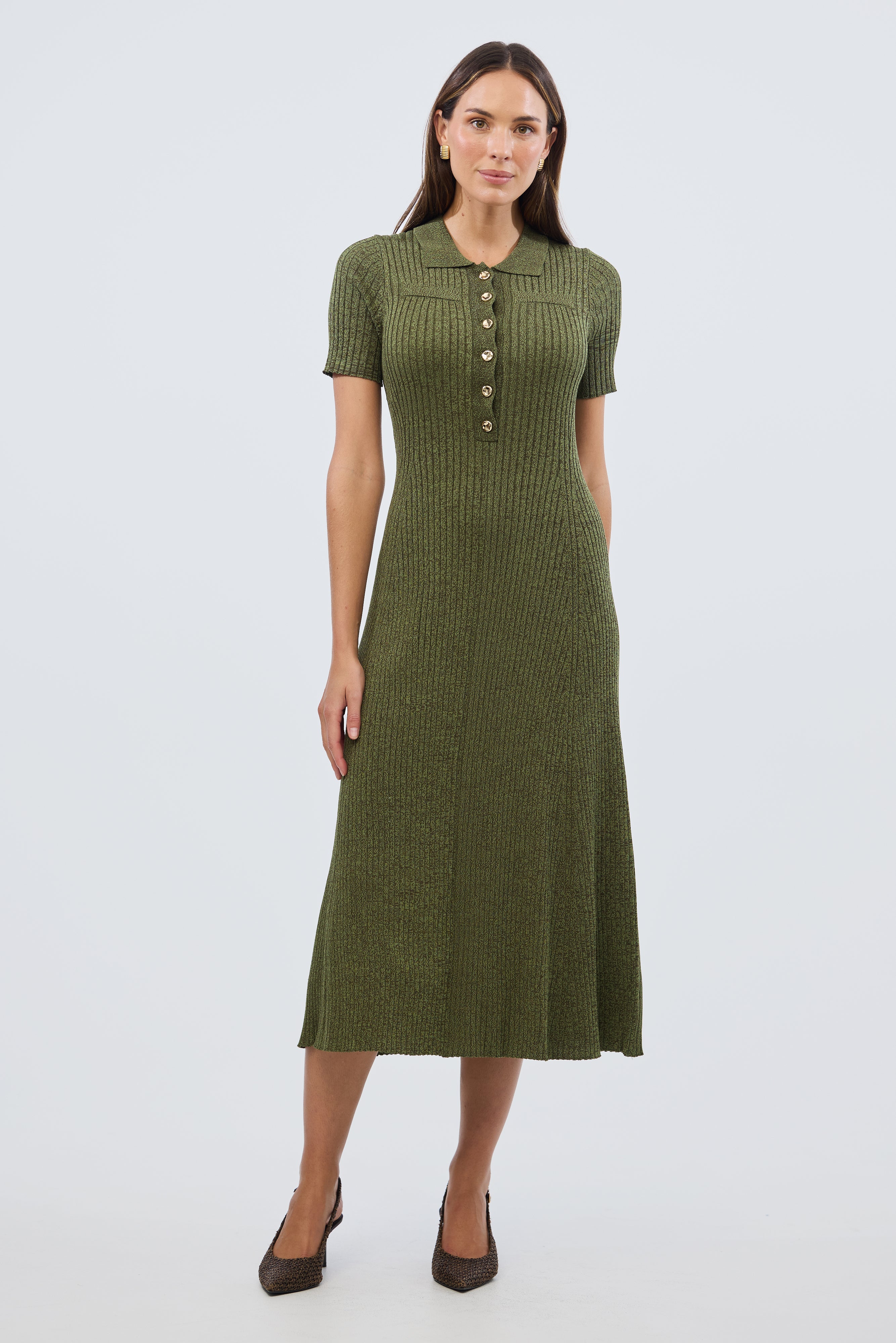 Half Placket Short Sleeve Knit Dress - Khaki Marl - Image 7