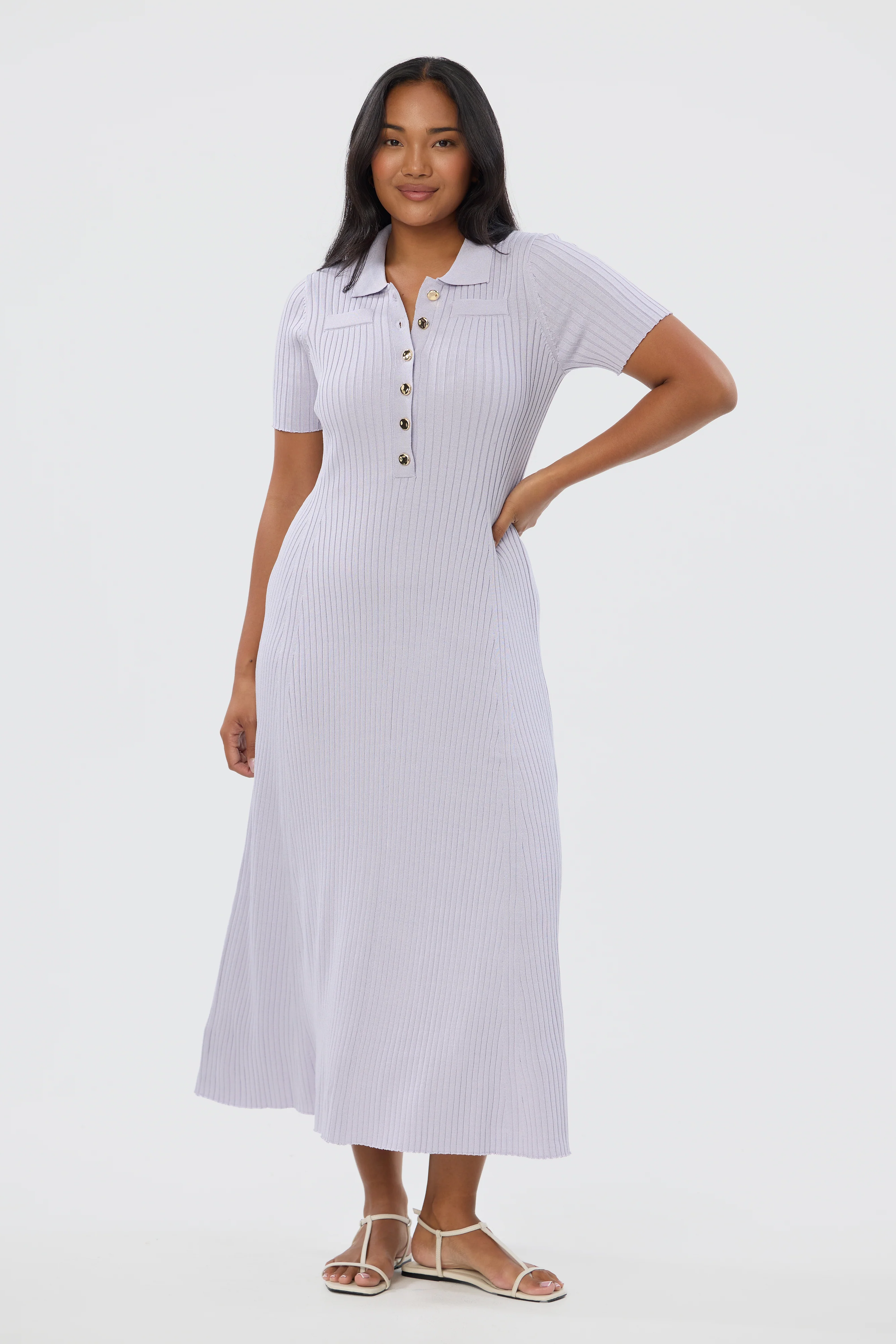 Half Placket Short Sleeve Knit Dress - Lilac