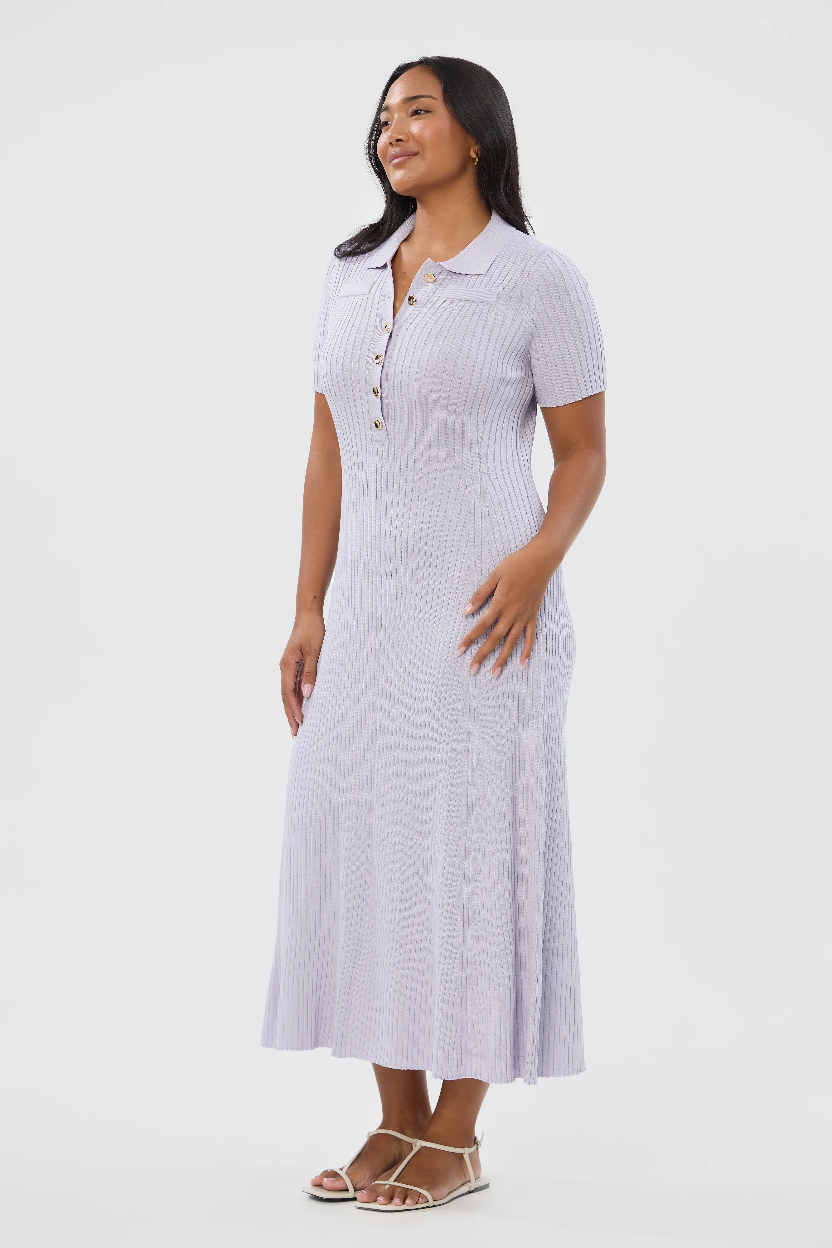 Half Placket Short Sleeve Knit Dress - Lilac - Image 3