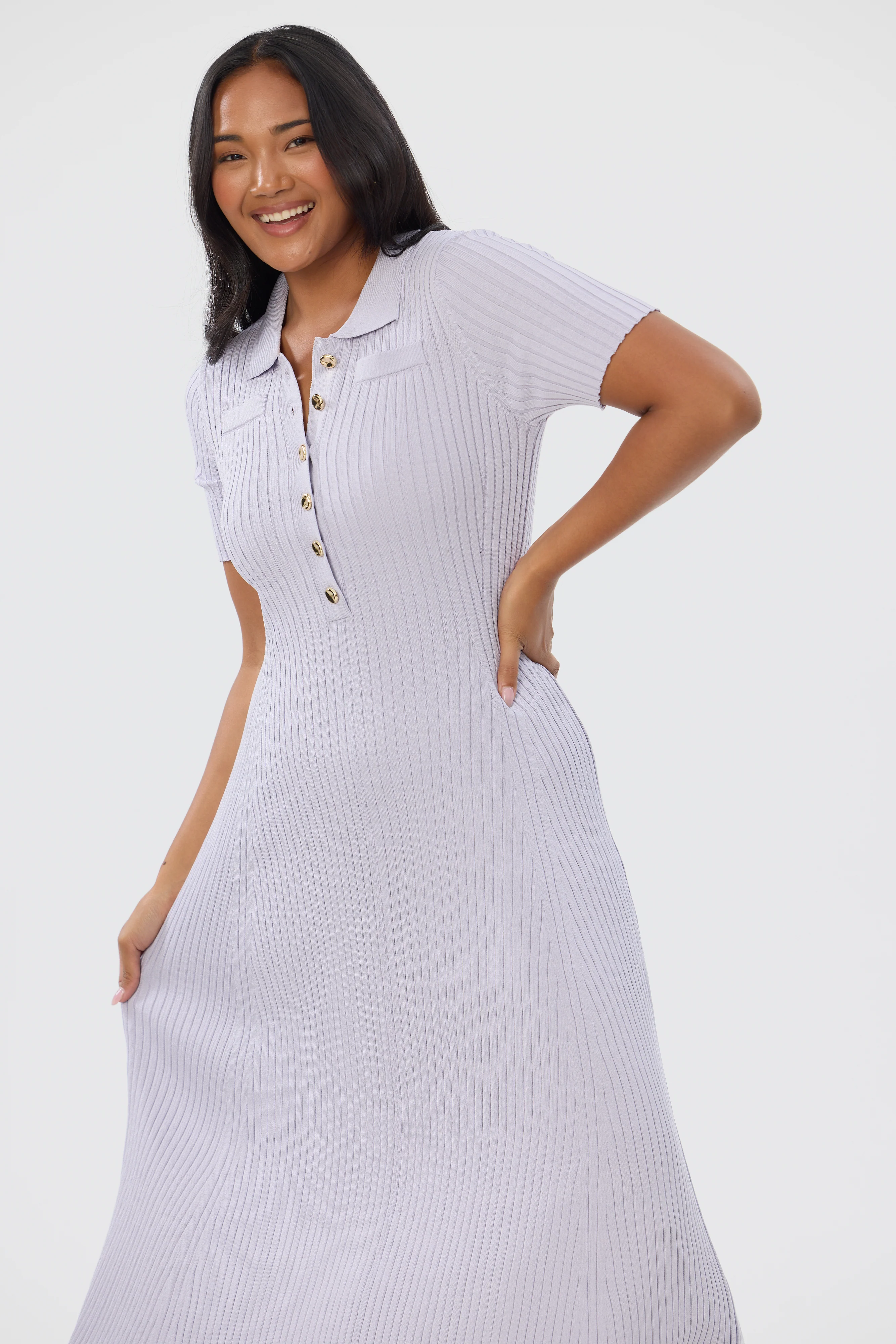 Half Placket Short Sleeve Knit Dress - Lilac - Image 5