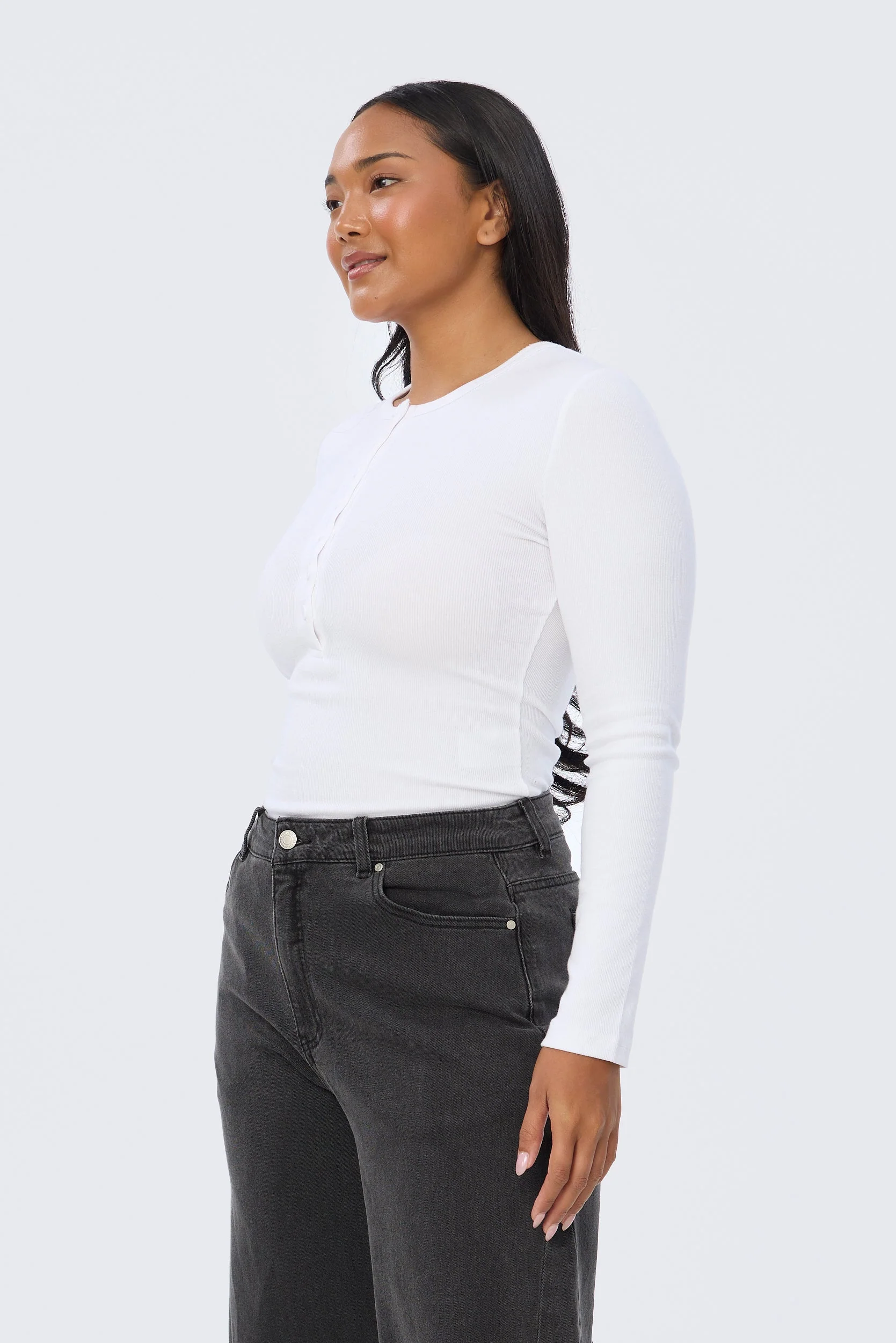 Henley Long Sleeve Top - White - Image 3