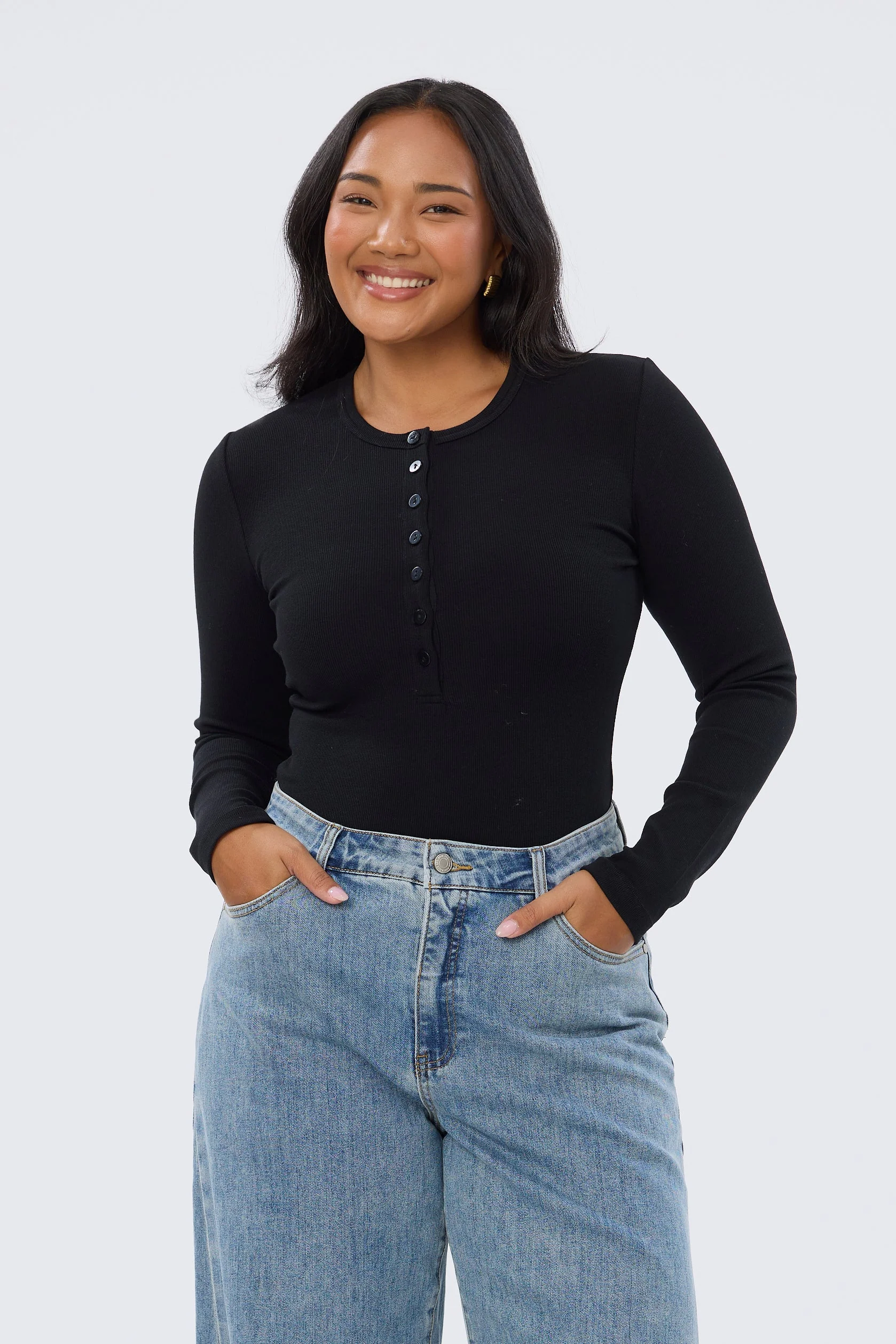 Henley Long Sleeve Top - Black - Image 3