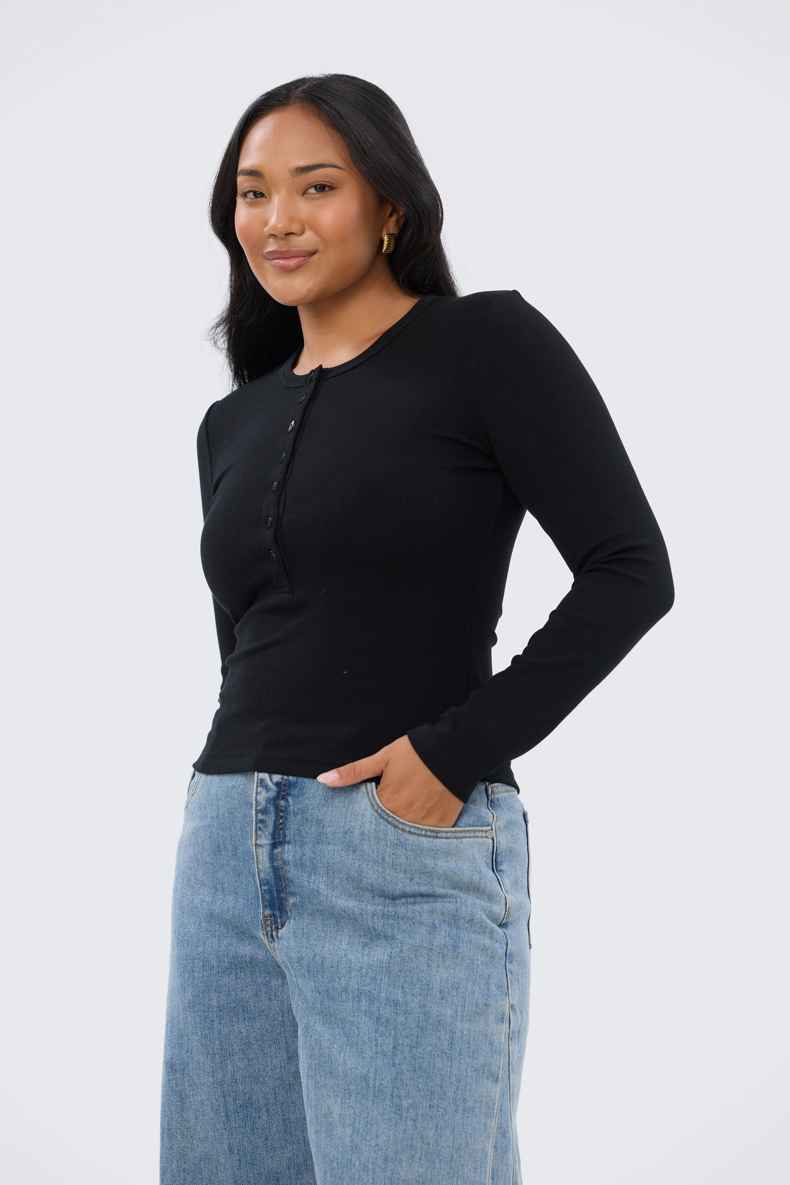 Henley Long Sleeve Top - Black - Image 5