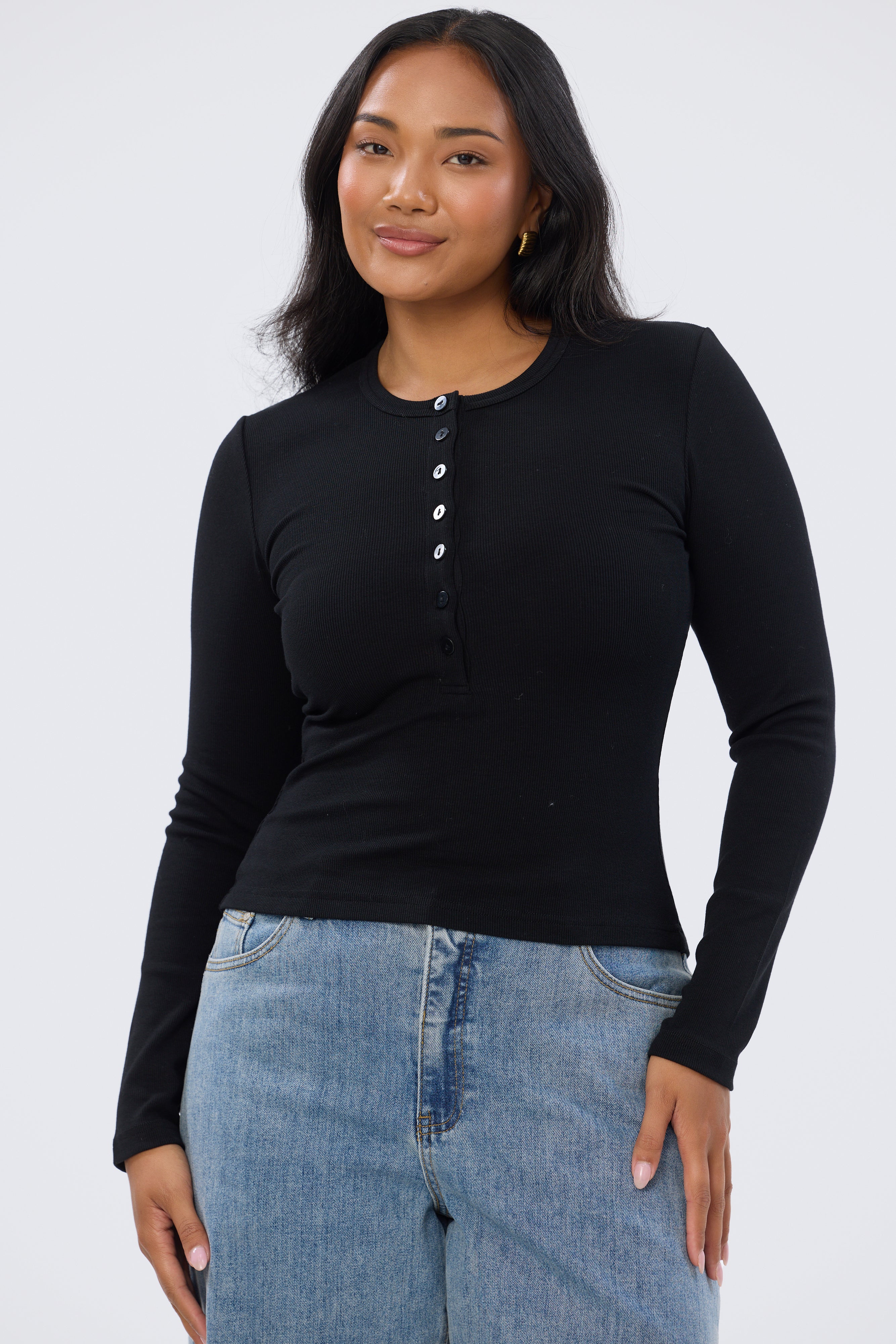 Henley Long Sleeve Top - Black - Image 7