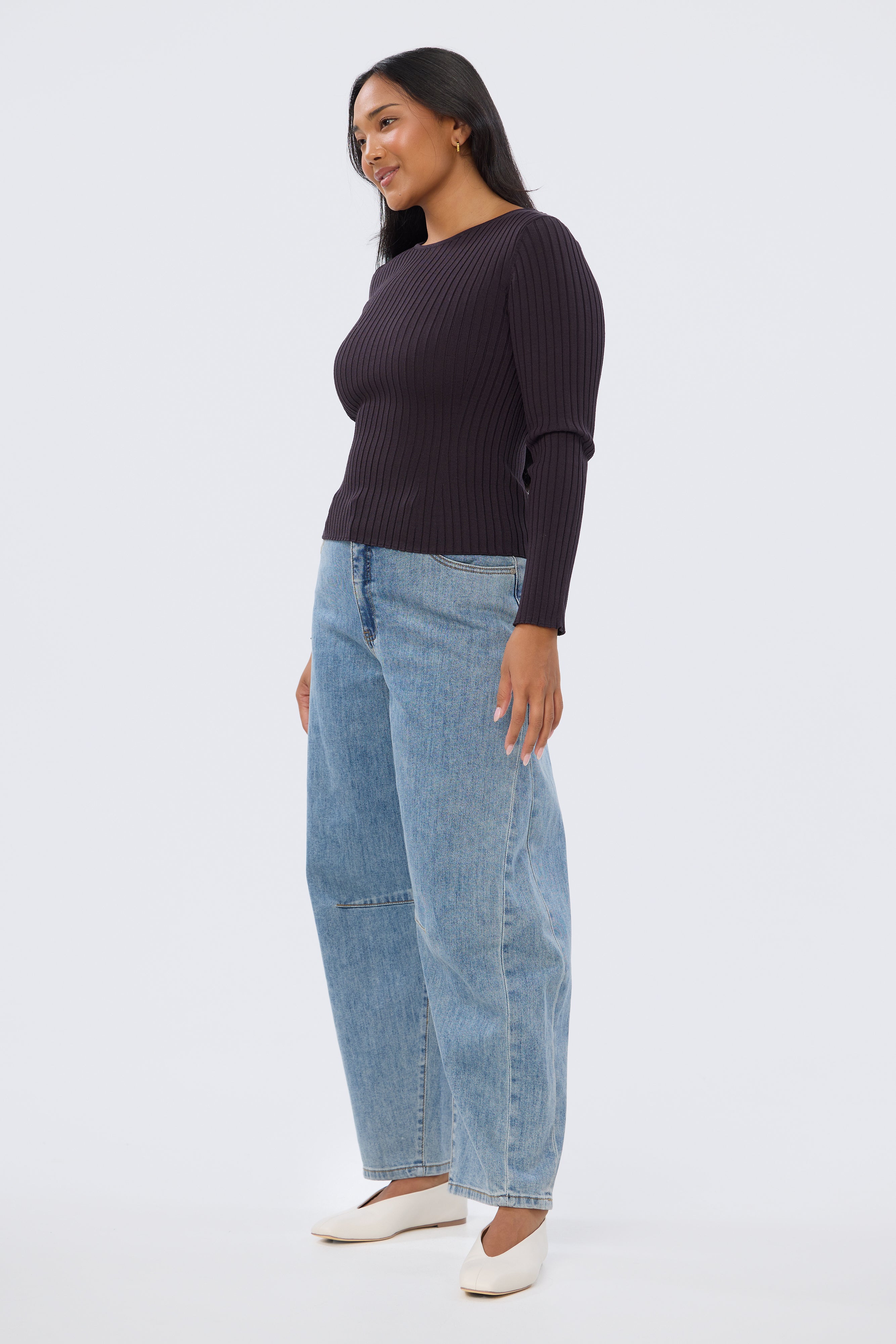 Long Sleeve Boat Neck Knit Top - Aubergine - Image 3