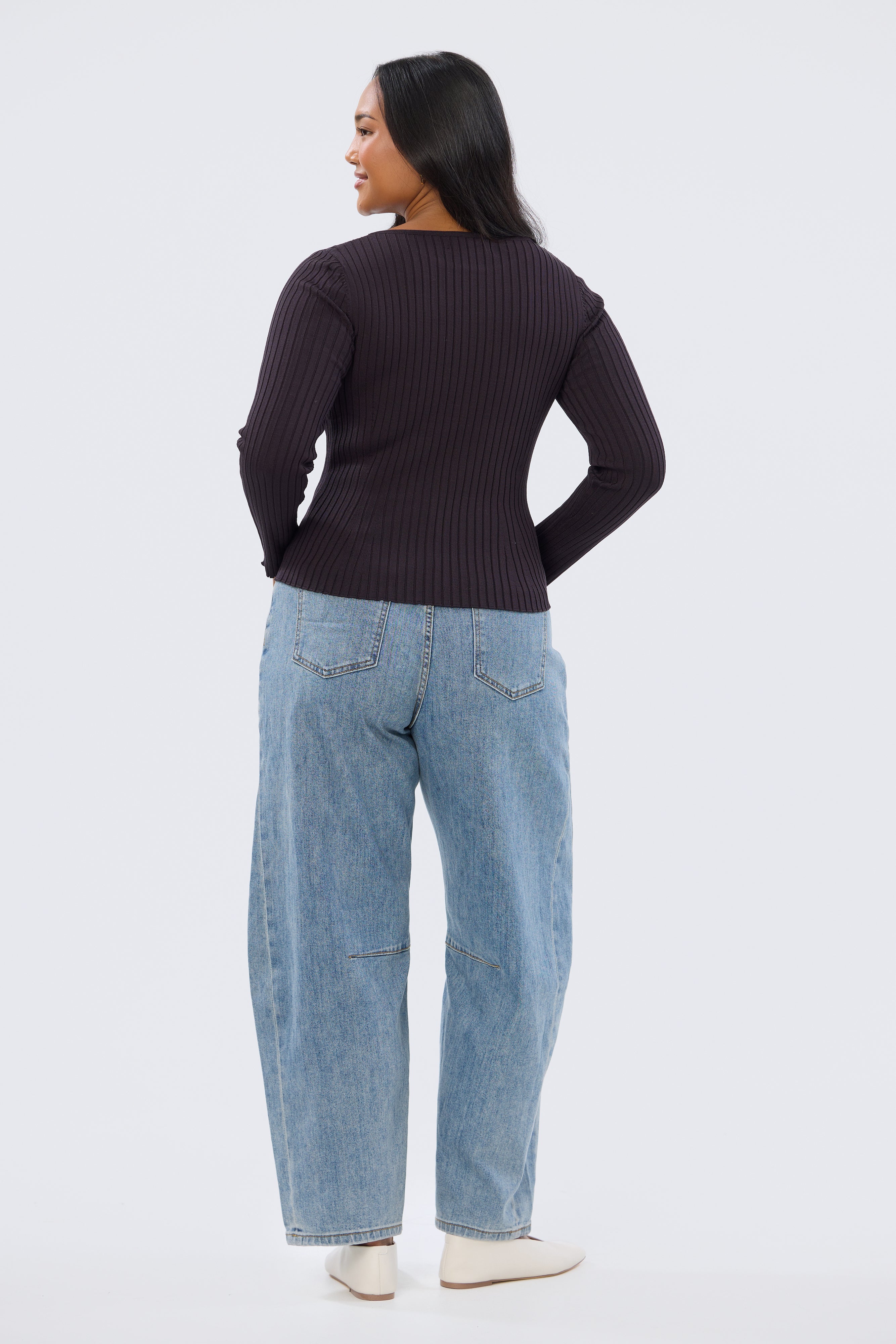 Long Sleeve Boat Neck Knit Top - Aubergine - Image 4