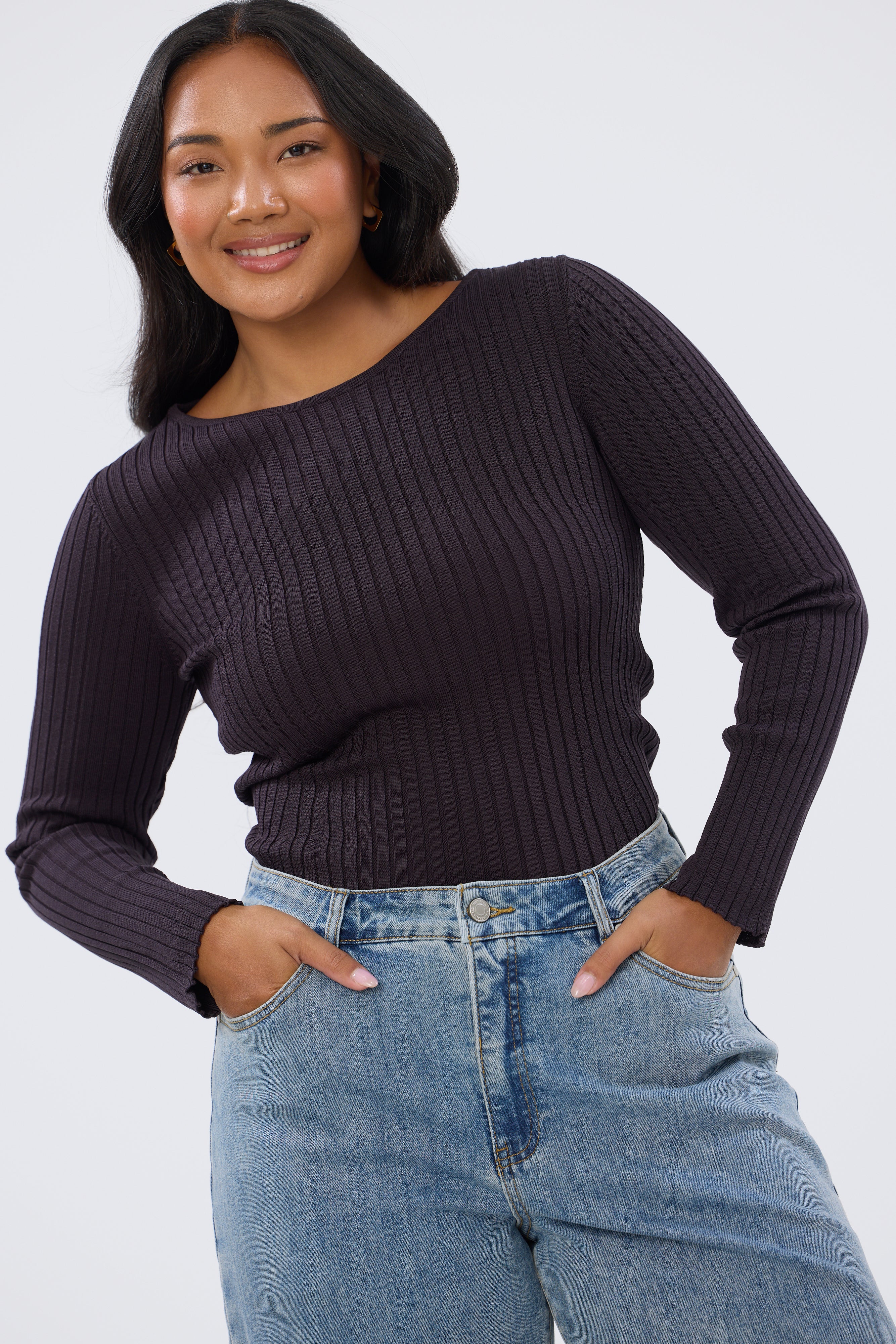 Long Sleeve Boat Neck Knit Top - Aubergine - Image 5