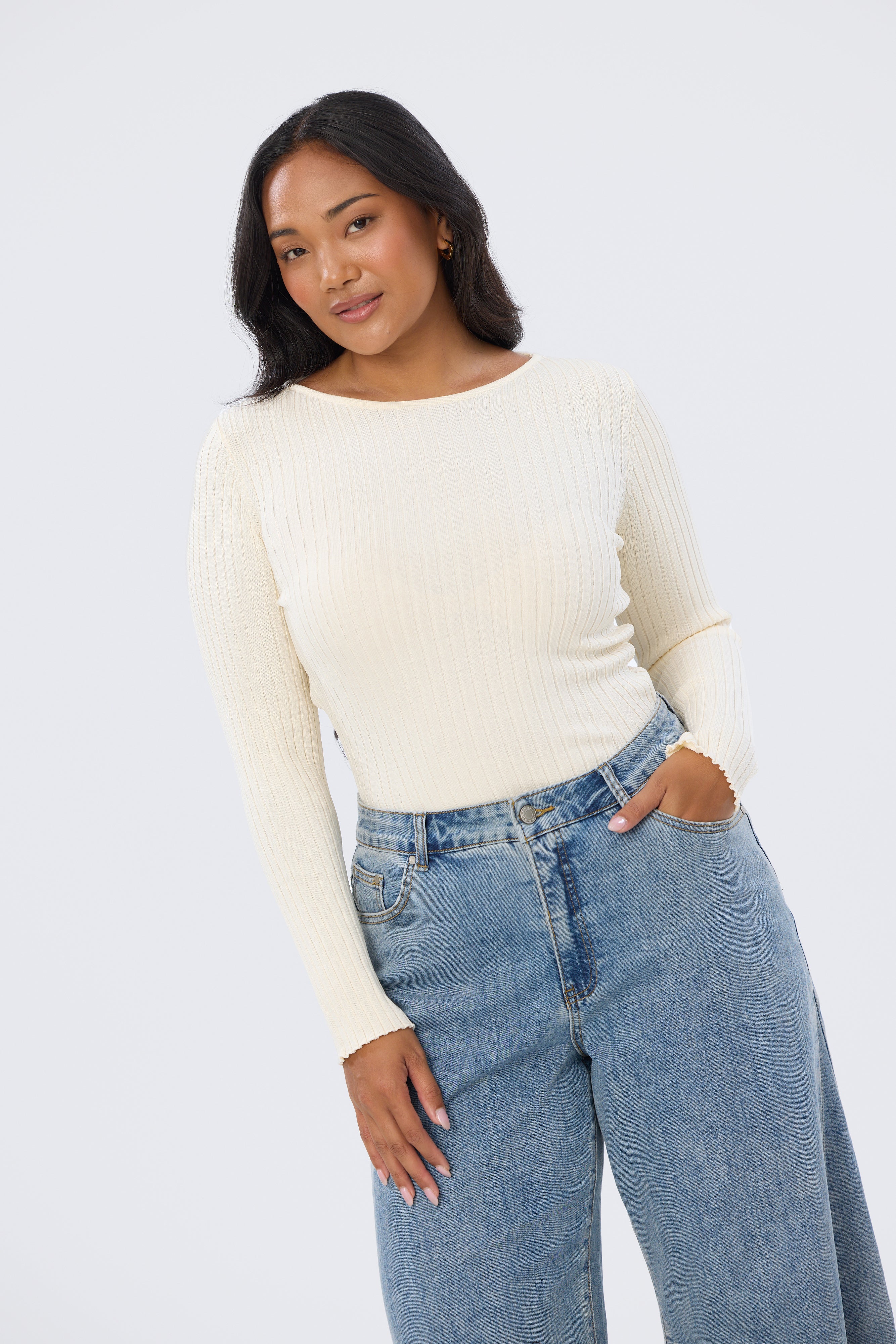 Long Sleeve Boat Neck Knit Top - Ecru - Image 3