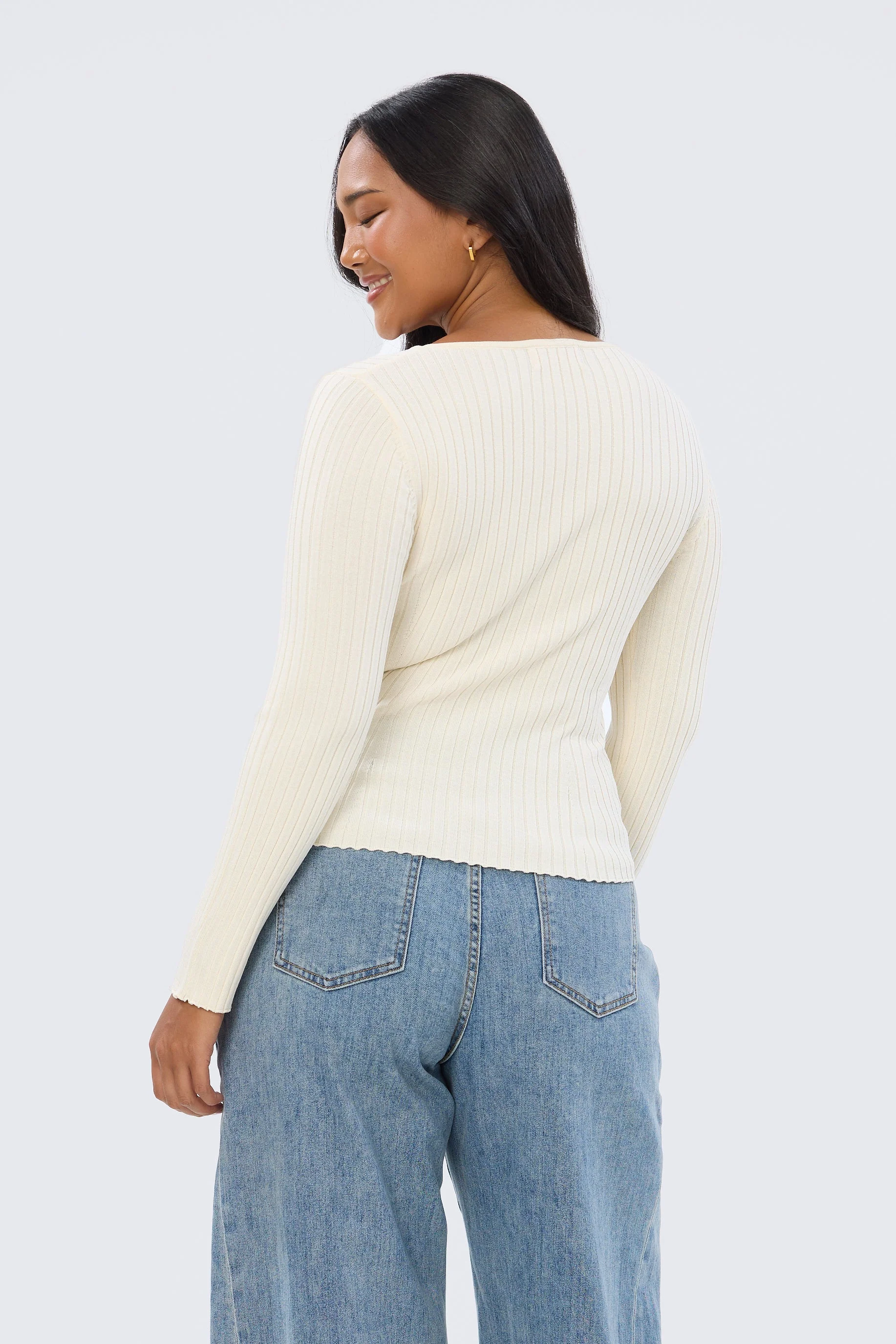 Long Sleeve Boat Neck Knit Top - Ecru - Image 4