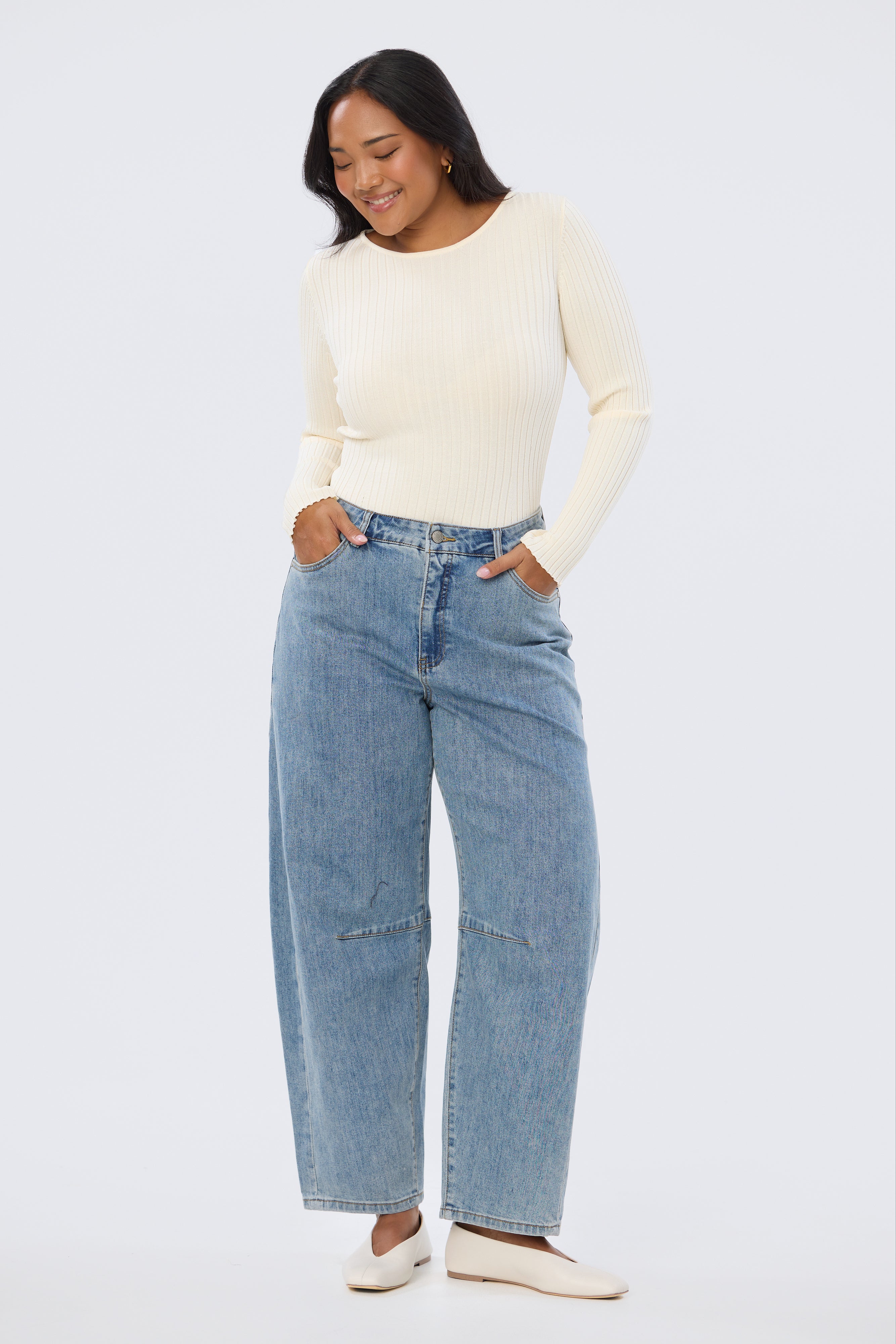 Long Sleeve Boat Neck Knit Top - Ecru - Image 5