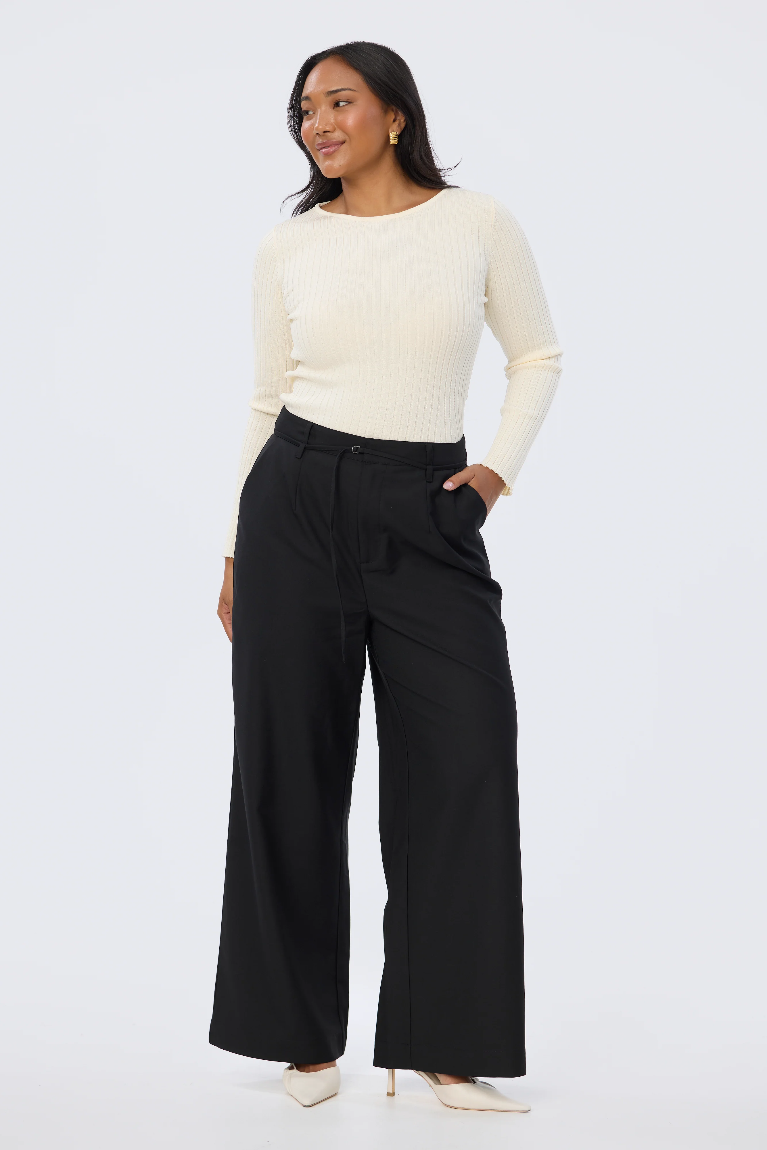 Long Sleeve Boat Neck Knit Top - Ecru - Image 7