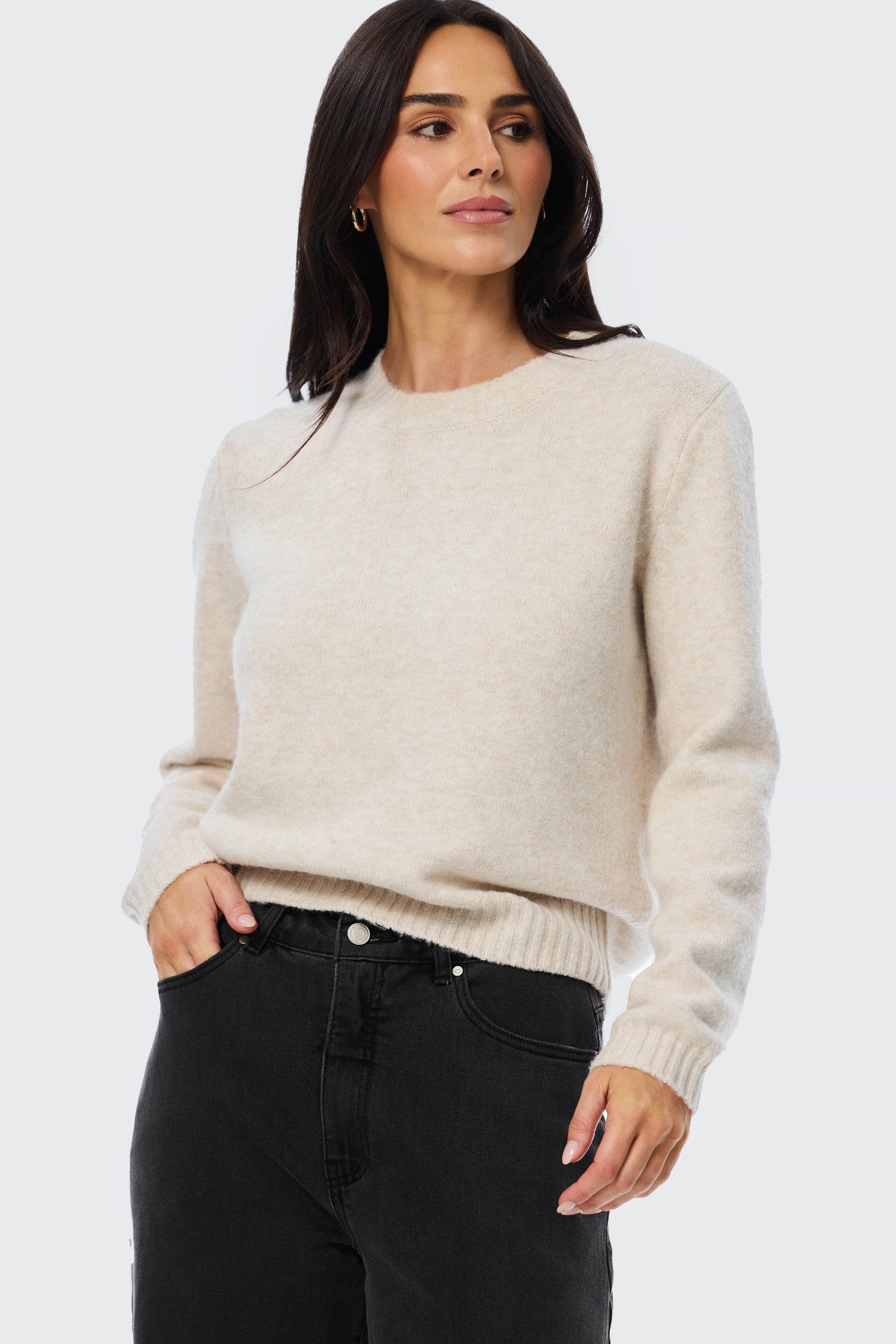 Long Sleeve Crew Neck Jumper - Ecru - Image 3