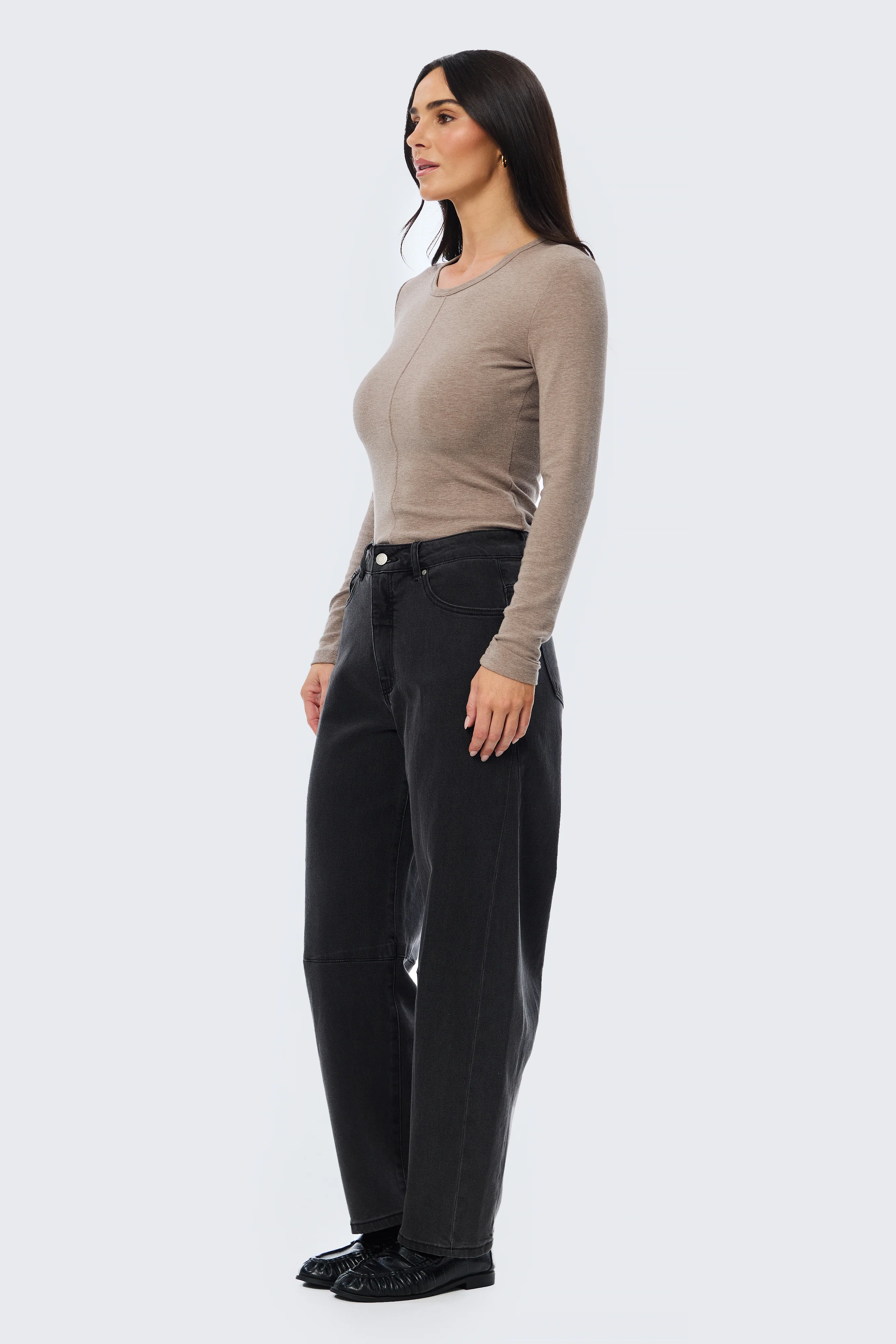 Long Sleeve Jersey Top - Taupe Marl - Image 3