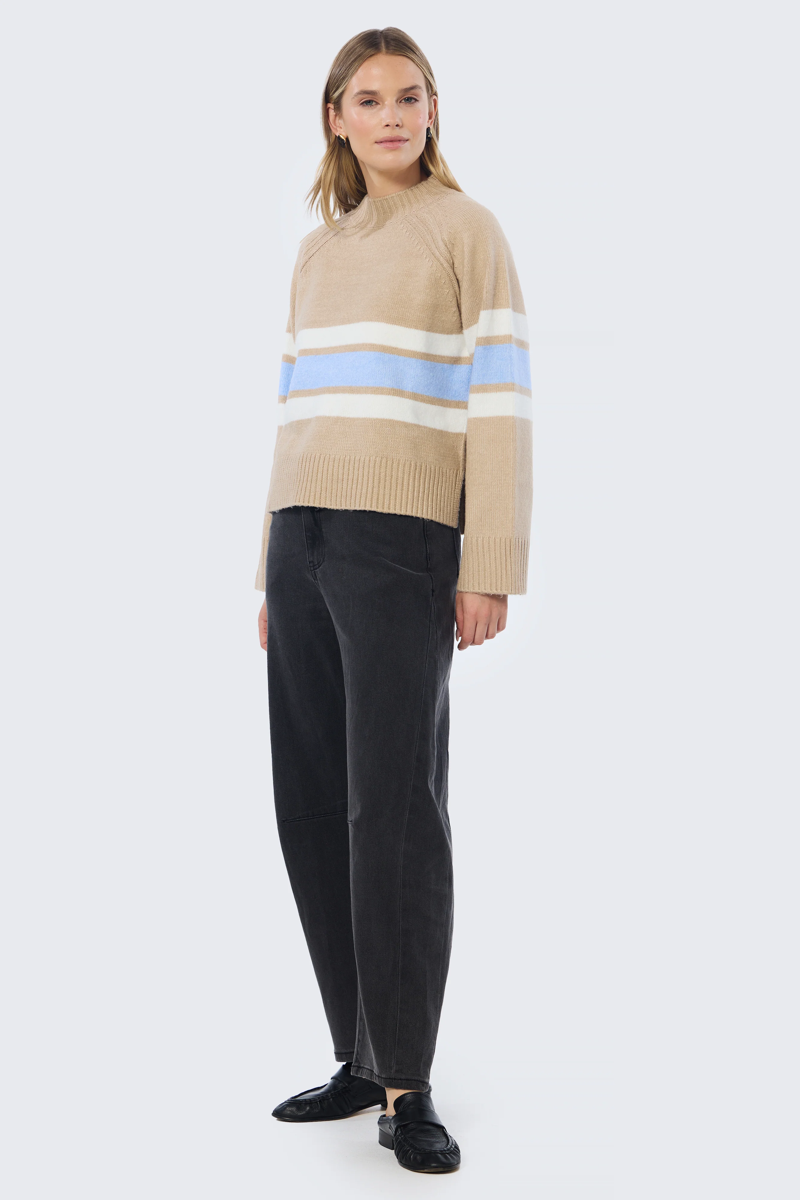 Mock Neck Knit Jumper - Tan & Sky Blue Stripe - Image 3
