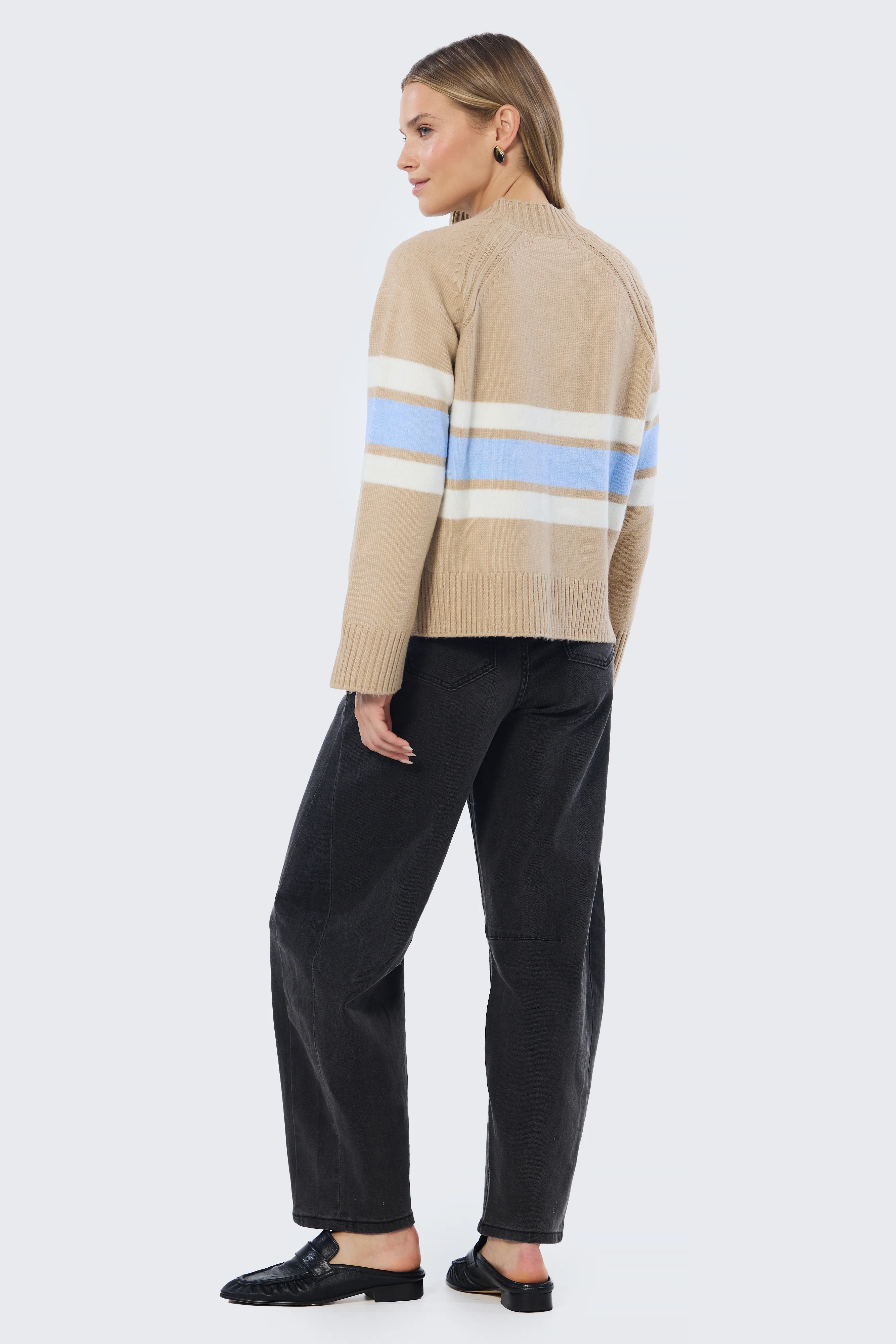 Mock Neck Knit Jumper - Tan & Sky Blue Stripe - Image 4