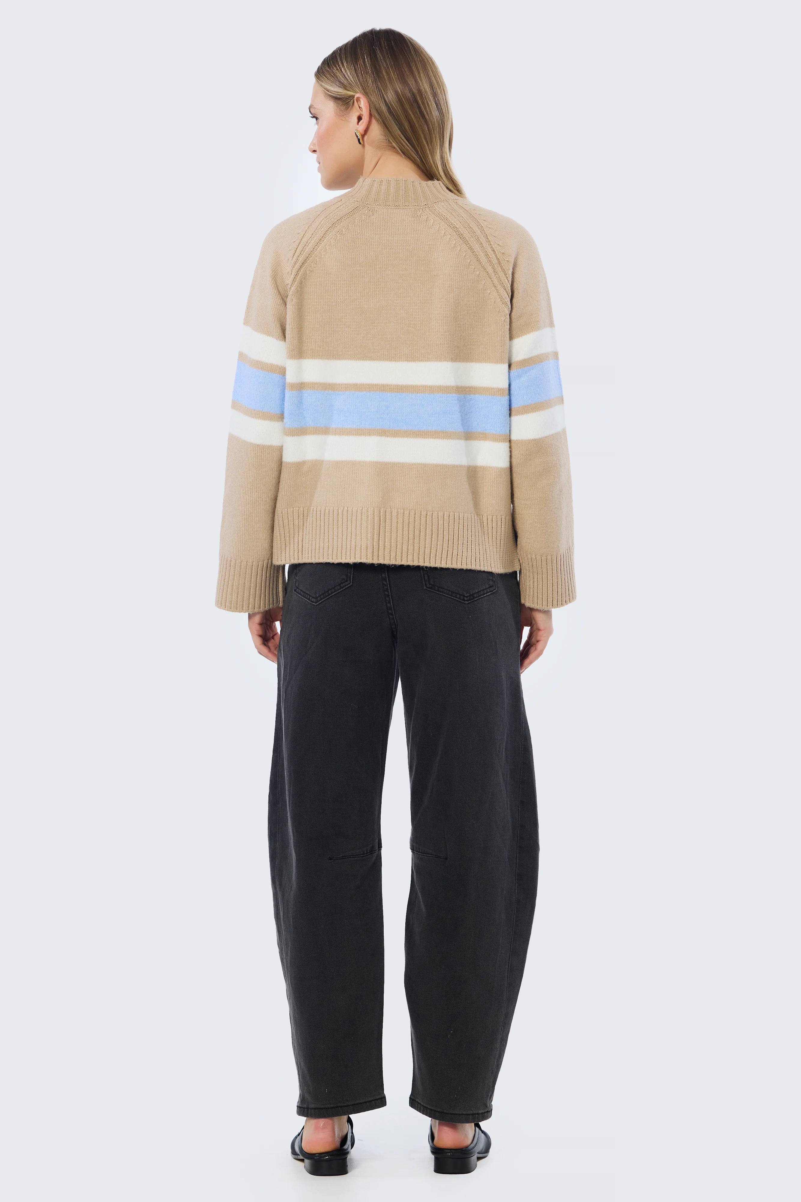 Mock Neck Knit Jumper - Tan & Sky Blue Stripe - Image 5