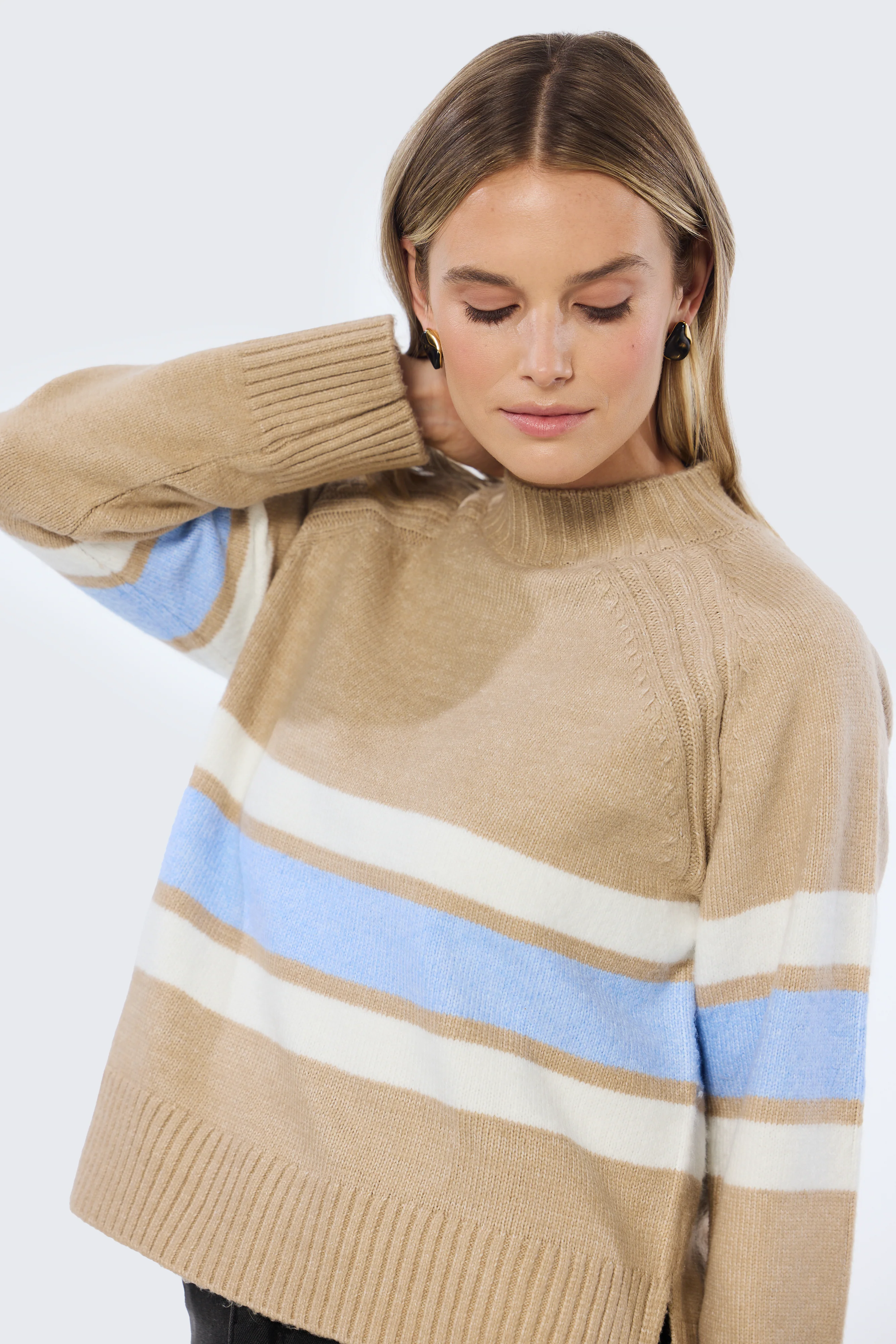 Mock Neck Knit Jumper - Tan & Sky Blue Stripe - Image 6